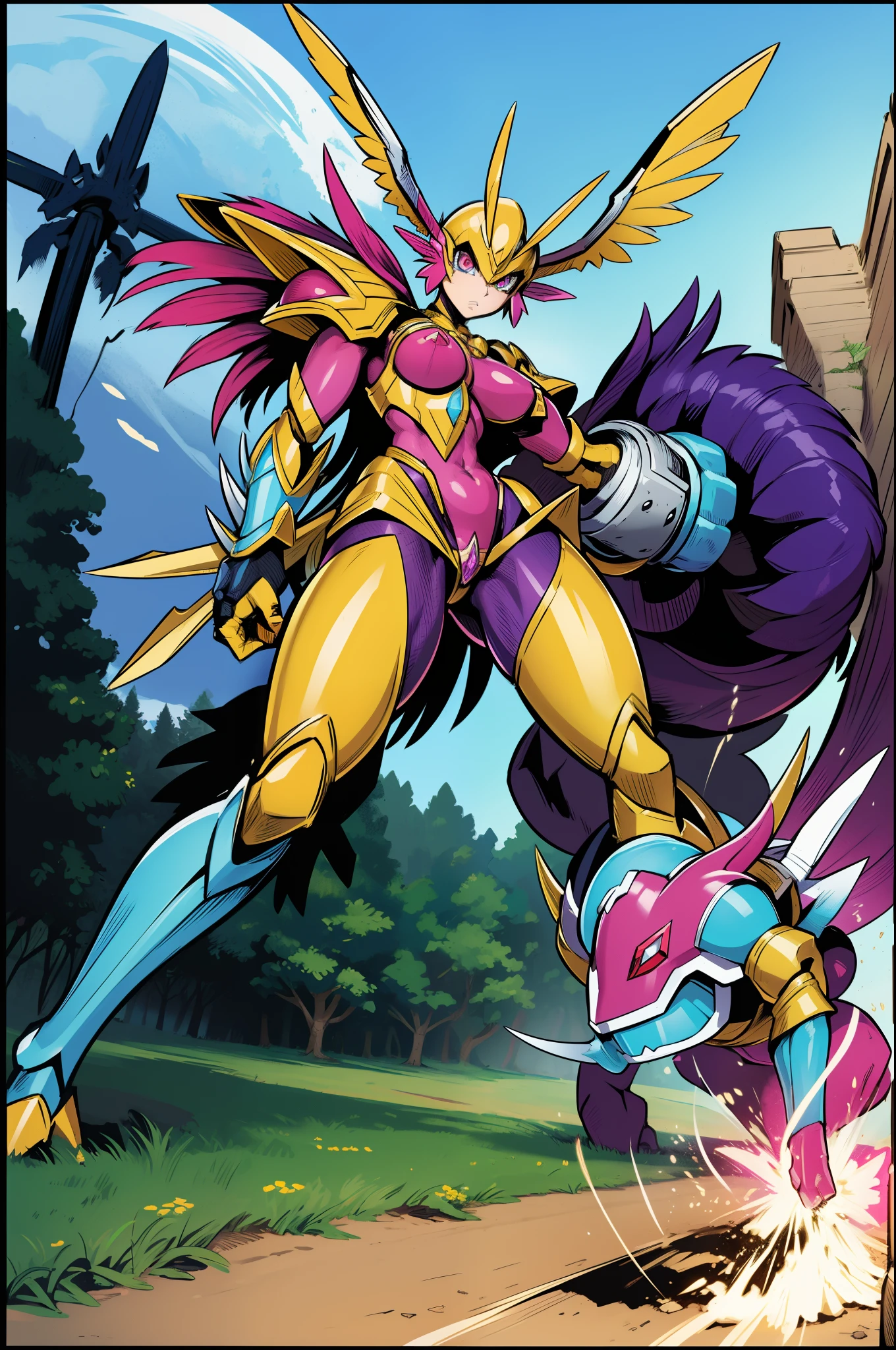"Powerful barbarian with insect-like angelic armor, reminiscent of Digimon and Guyver, joins forces with a group of sentai heroes. The robot girl with huge breasts adds an overwhelming presence to the scene."