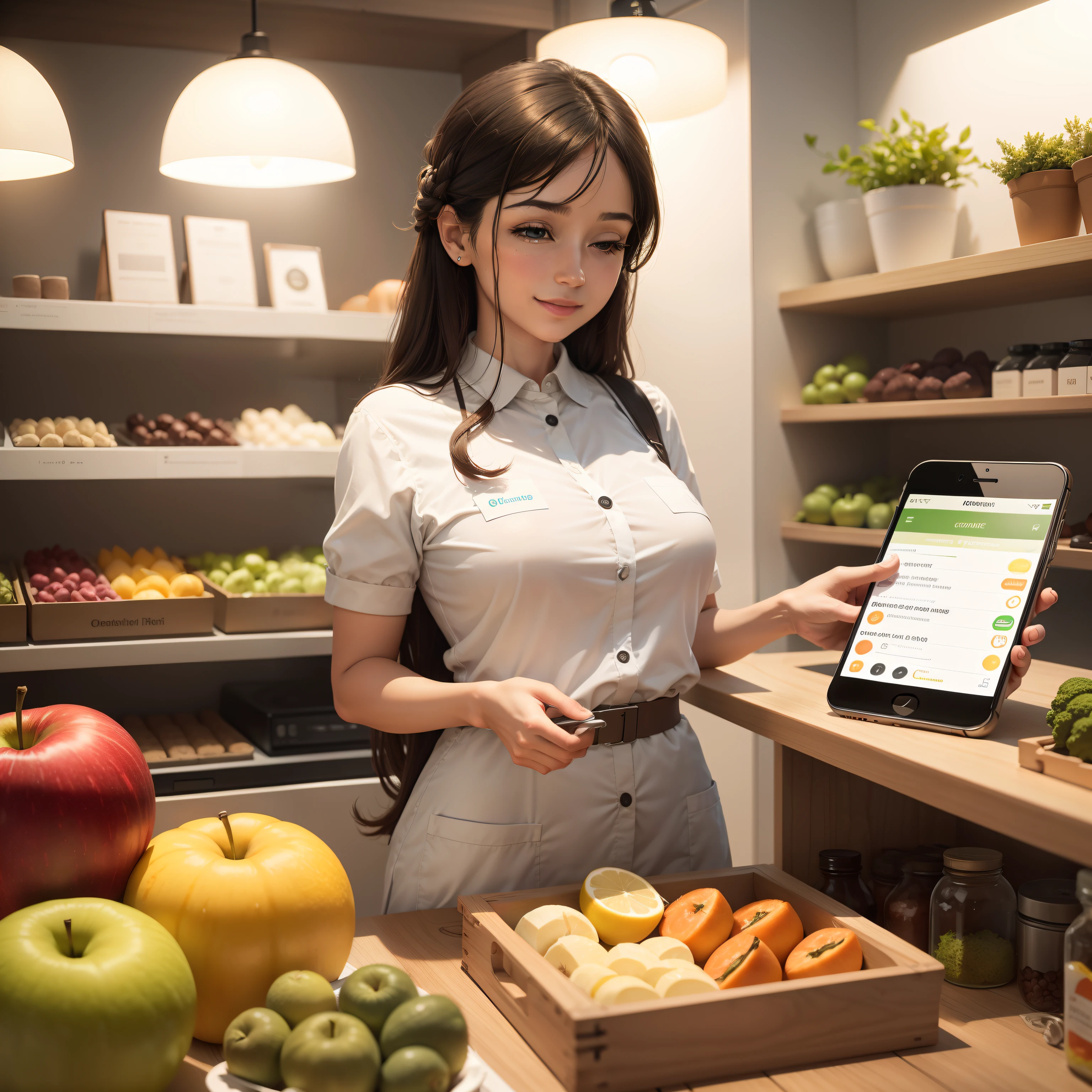 Imagine uma sala iluminada com luz suave. No centro, There's a smiling nutritionist in her white uniform. She's surrounded by shelves filled with healthy foods, como frutas vibrantes, colorful vegetables and assorted grains, dispostos de forma organizada.
The nutritionist is standing next to a consultation table, where there is an open laptop and some papers. She holds an iPhone in her hand, com a tela voltada para ela, showing the Apple logo on the back and the illuminated screen on the front. She's using the iPhone's voice functionality to communicate with him.
A tela do iPhone exibe um aplicativo de gerenciamento de dietas, with large icons and contrasting colors for easy identification. The iPhone's voice guides the nutritionist through the app as she navigates with gentle gestures.
Ao lado do iPhone, there is a communication clipboard in Braille, with messages written in relief to assist the nutritionist in the interaction with people with visual impairment. The clipboard contains information about healthy eating tips and important contact numbers.
The scene conveys the sense of harmony and inclusion, where the nutritionist is comfortable and confident in her work environment, using accessible tools to provide nutritional guidance and communicate effectively with all your clients, independentemente de suas habilidades visuais.