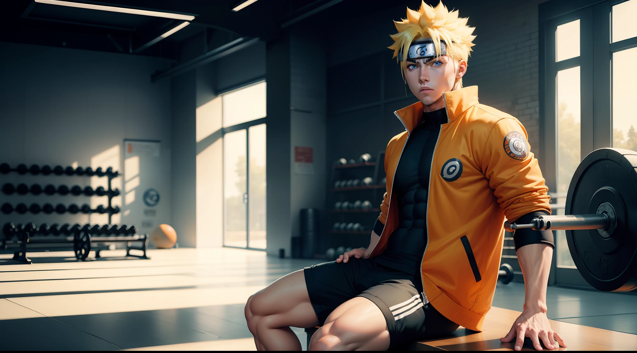 ((masterpiece, best quality)), create comic style artwork of Naruto Uzumaki, blue eyes, blonde hair, 1 boy, muscular, gym setting, looking at photo, full body, sitting, open orange jacket