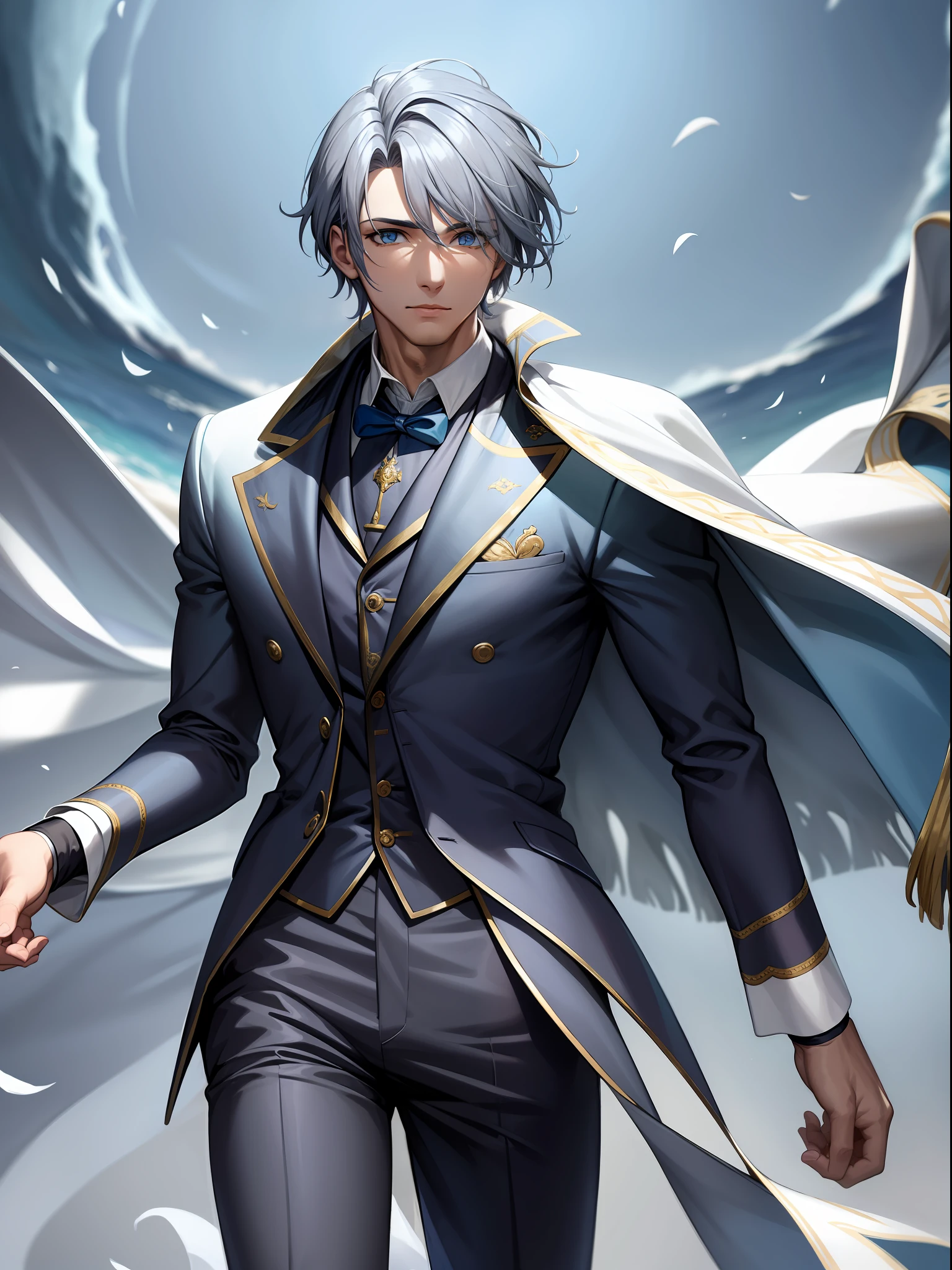 Um homem incrivelmente charmoso e sedutor com cabelos azul gelo, olhos prateados e um cavanhaque, wearing an elegant Victorian costume with a light grey coat and tight blue-grey trousers, Amid a backdrop of winds.