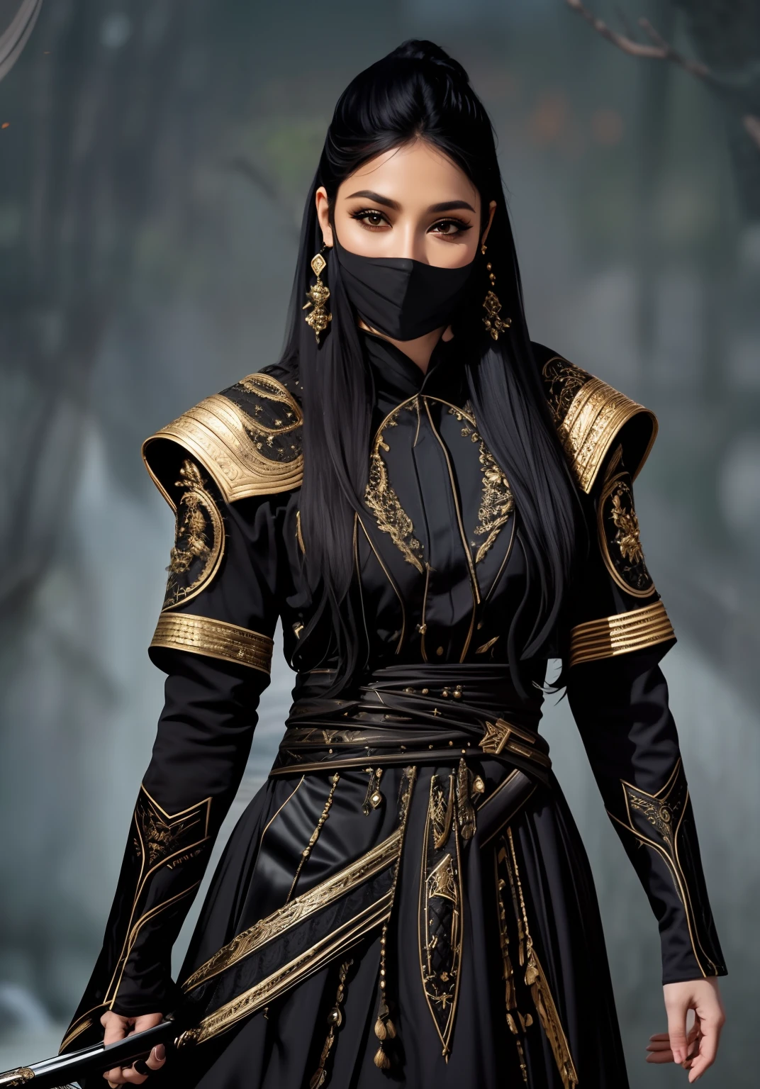 a woman in a black outfit and a mask , assassina feminina, assassina feminina bonita, usando armadura assassina de couro, epic exquisite character art, design de personagens de fantasia sombria, assassina, Personagem de arte conceitual de RPG, arte conceitual realista do personagem, em armadura de couro, armadura de cor preta e avermelhada, arte de personagem impressionante, Arte conceitual de personagem de RPG,photografia profissional,(Ultra realista),(Ultra Dealhado),(melhor qualidade),(mulher europeia :1.2),(Ultra Detalhado),(ambiente desfocado :1.5),(ambiente profundo)