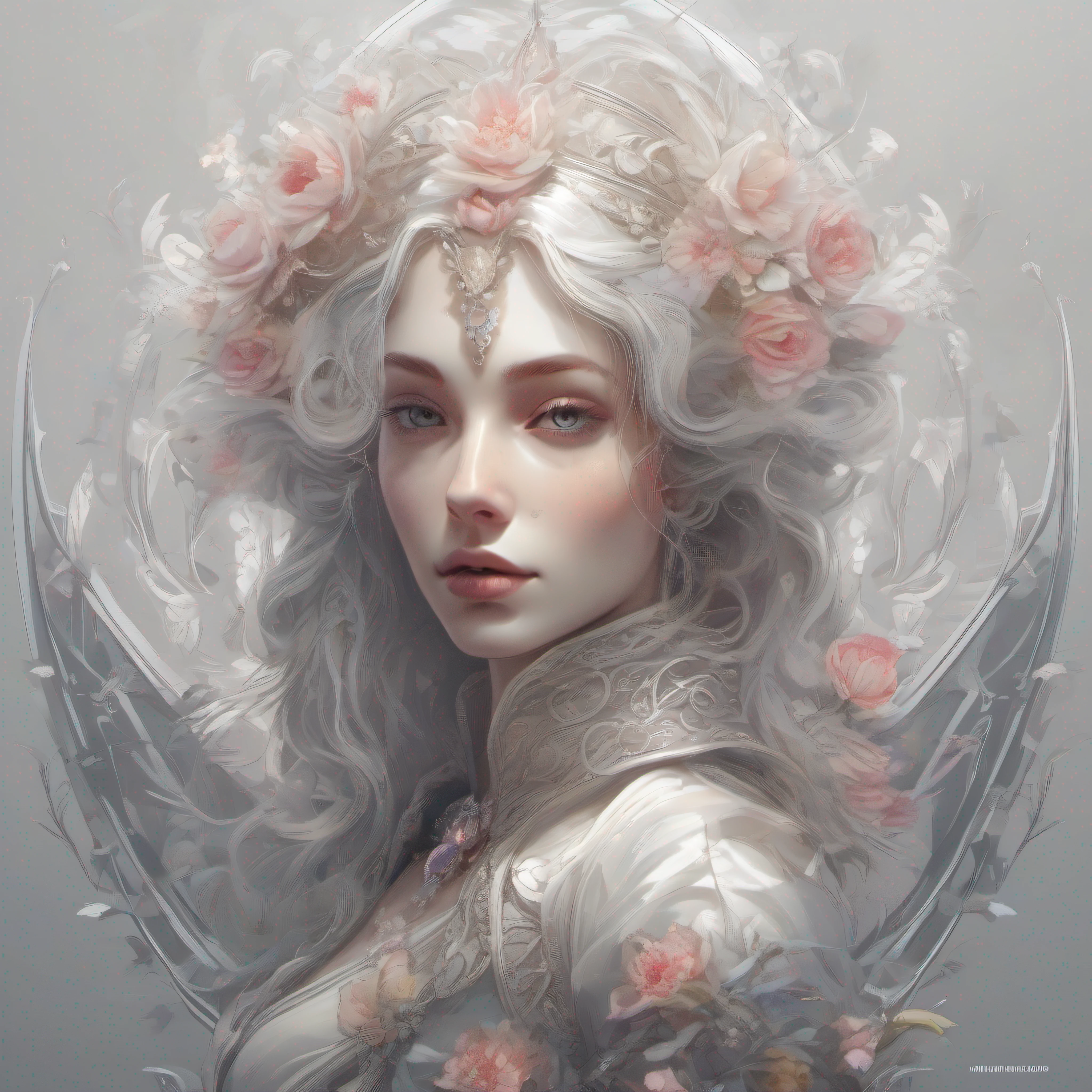 (skeleton like:0.4), ((female ornate princess)), (with white long flowing hair), (bright beautiful eyes), trending on artstation, flowers of hope by Jean-Honor Fragonard, Peter mohrbacher, hyper detailed, insane details, stunning, intricate, elite, art nouveau, ornate, liquid wax, elegant, luxury, Greg Rutkowski, ink style, sticker, vector-art beautiful character design, double exposure shot, luminous design, award winning, masterpiece, amoled black background,