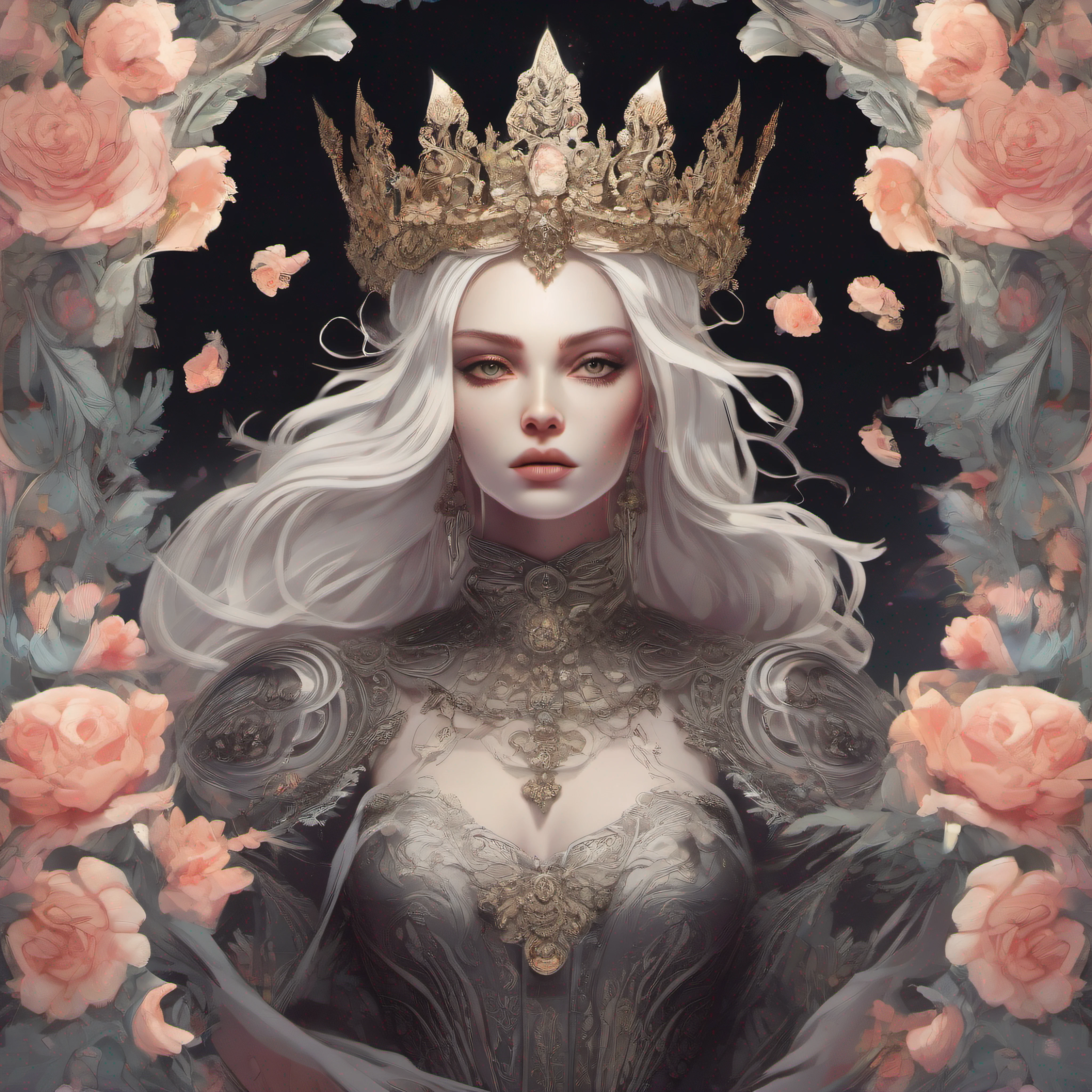 (skeleton like:0.4), ((female ornate princess)), (with white long flowing hair), (bright beautiful eyes), trending on artstation, flowers of hope by Jean-Honor Fragonard, Peter mohrbacher, hyper detailed, insane details, stunning, intricate, elite, art nouveau, ornate, liquid wax, elegant, luxury, Greg Rutkowski, ink style, sticker, vector-art beautiful character design, double exposure shot, luminous design, award winning, masterpiece, amoled black background,