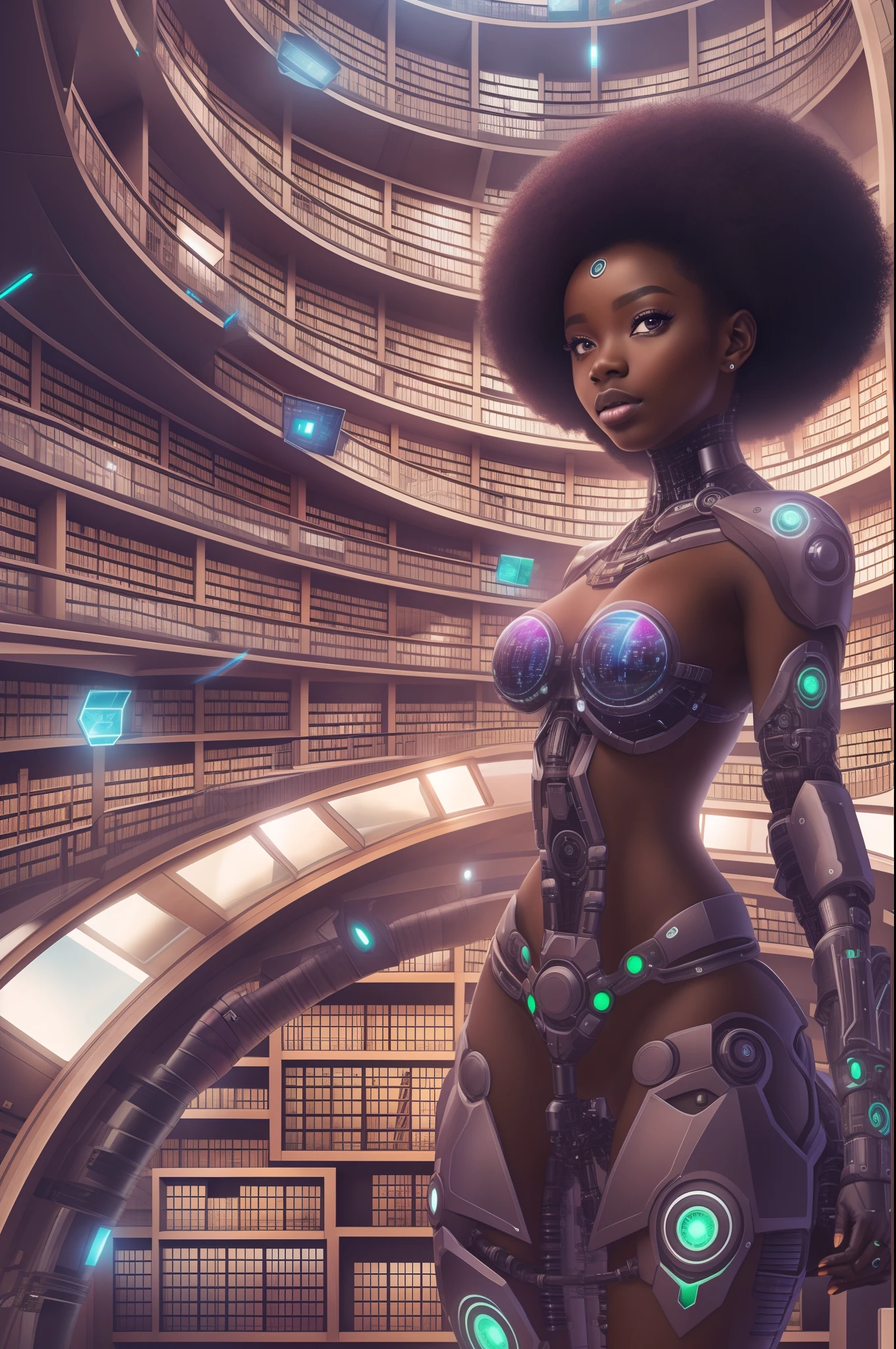 a cybernetic ebony woman naked in in a futuristic library with a holographic roof