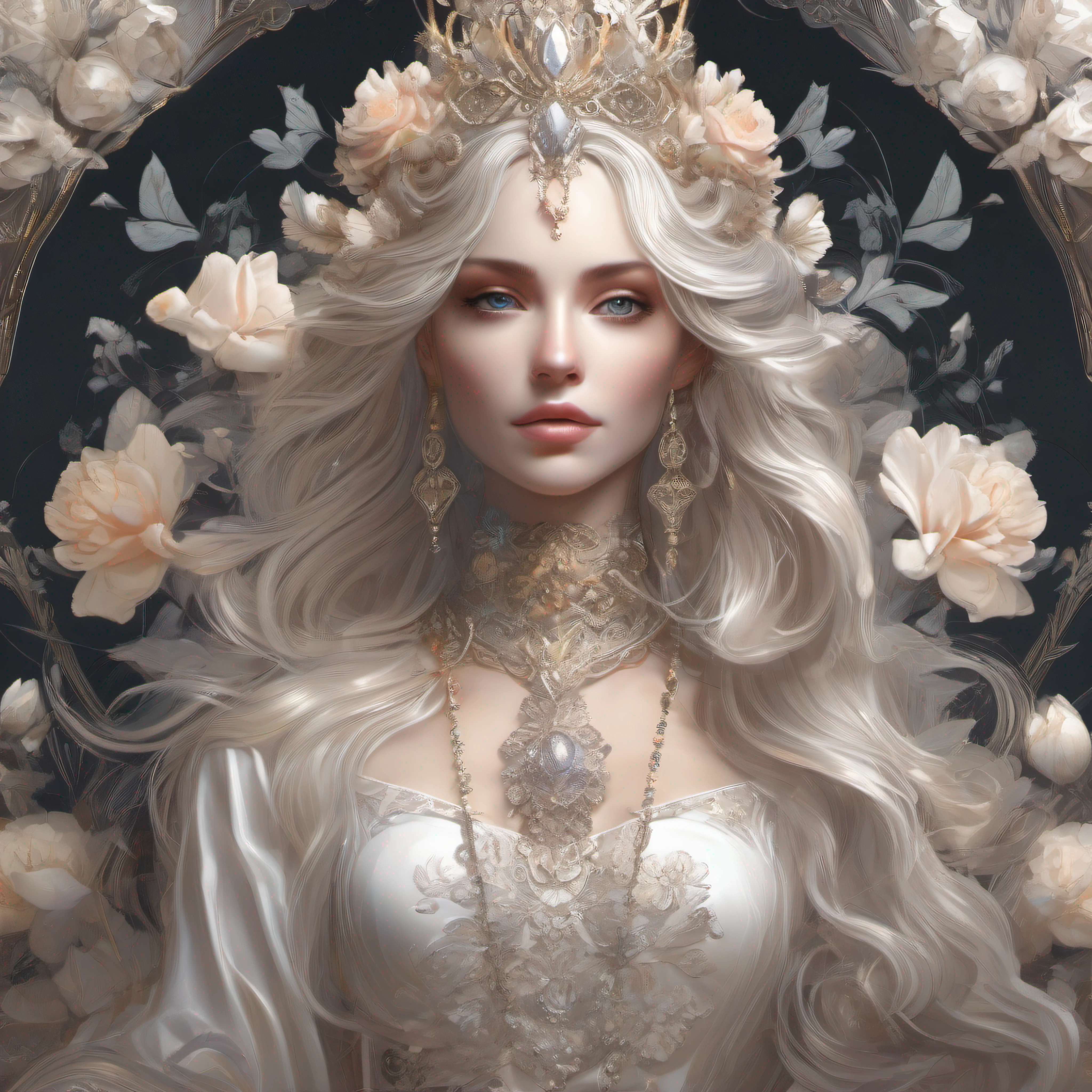 (skeleton like:0.4), ((female ornate princess)), (with white long flowing hair), (bright beautiful eyes), trending on artstation, flowers of hope by Jean-Honor Fragonard, Peter mohrbacher, hyper detailed, insane details, stunning, intricate, elite, art nouveau, ornate, liquid wax, elegant, luxury, Greg Rutkowski, ink style, sticker, vector-art beautiful character design, double exposure shot, luminous design, award winning, masterpiece, amoled black background,