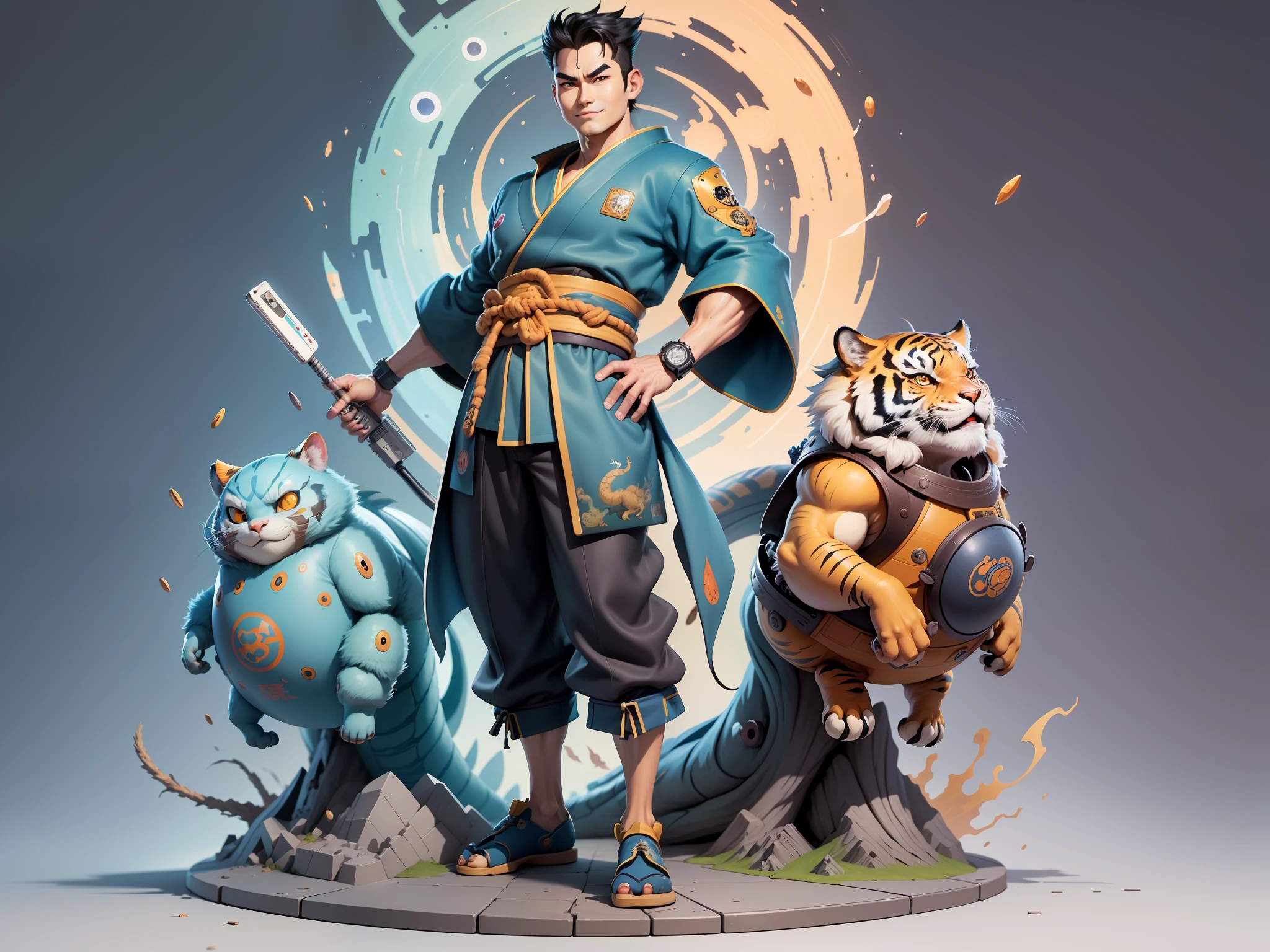 (Masterpiece), (Excellent), (Super Meticulous), (Full Body: 1.2), Super Young Man, Oriental Face, Japanese Kimono, Japanese Wind Thunder God, Dragon, Tiger, TV Anchor, Bust Portrait Illustration, Alone, Black Suit, Blue Tie, Slightly Chubby Face, Very Clean Face, No Beard, Black Super Short Hair, Black Eyes, Confident Smile, 3c Computer Sub-Products, iPad, iPhone, Digital Painting, 3D Character Design by Akira Toriyama and Mark Claireden and Pixar and Hayao Miyazaki, The illustration is a high-definition illustration in 4K resolution with very detailed facial features and cartoon-style visuals.