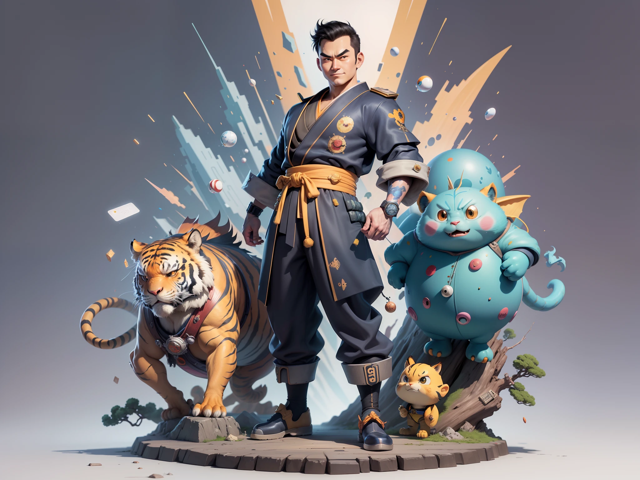 (Masterpiece), (Excellent), (Super Meticulous), (Full Body: 1.2), Super Young Man, Oriental Face, Japanese Kimono, Japanese Wind Thunder God, Dragon, Tiger, TV Anchor, Bust Portrait Illustration, Alone, Black Suit, Blue Tie, Slightly Chubby Face, Very Clean Face, No Beard, Black Super Short Hair, Black Eyes, Confident Smile, 3c Computer Sub-Products, iPad, iPhone, Digital Painting, 3D Character Design by Akira Toriyama and Mark Claireden and Pixar and Hayao Miyazaki, The illustration is a high-definition illustration in 4K resolution with very detailed facial features and cartoon-style visuals.