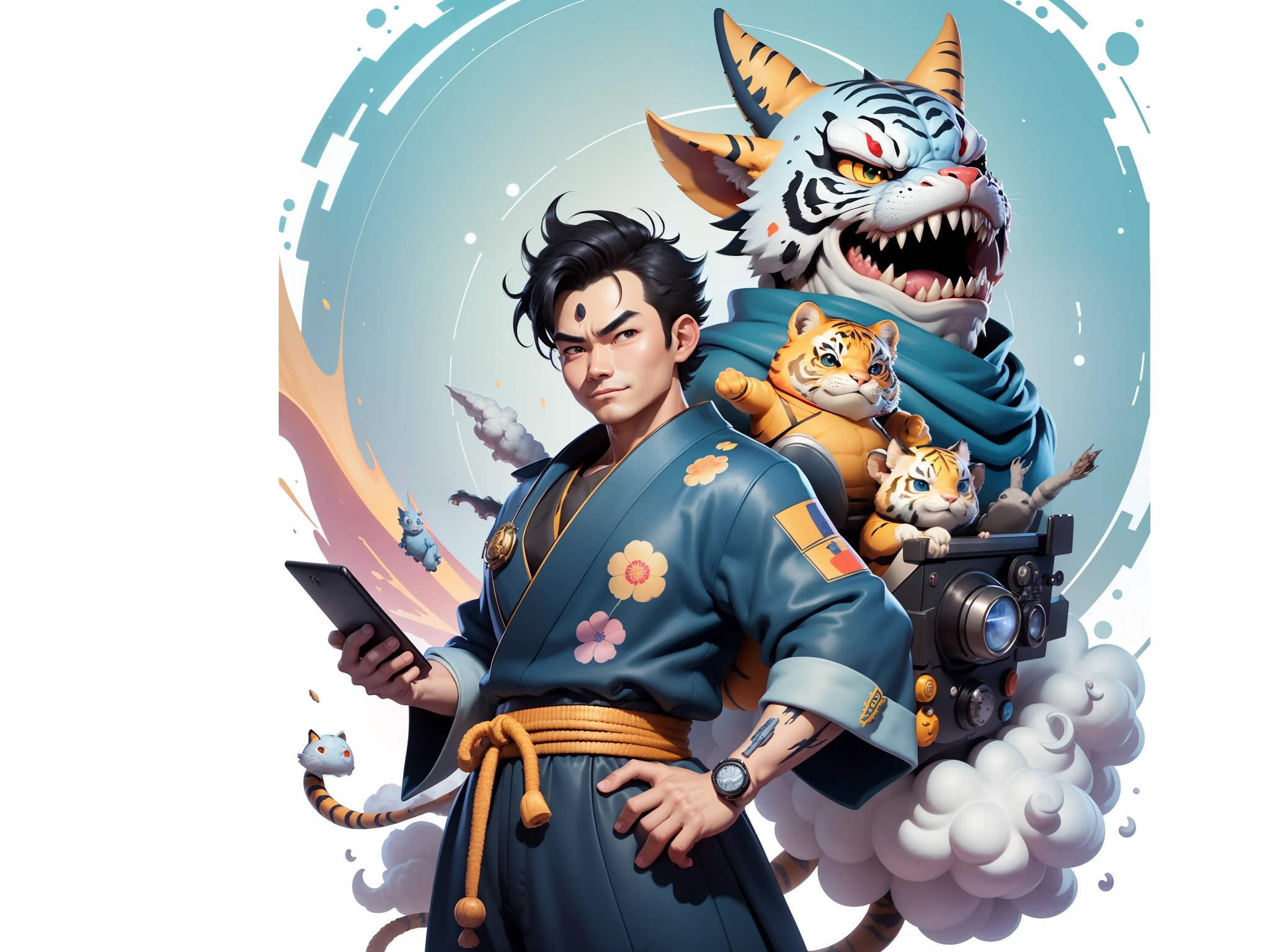 (Masterpiece), (Excellent), (Super Meticulous), (Full Body: 1.2), Super Young Man, Oriental Face, Japanese Kimono, Japanese Wind Thunder God, Dragon, Tiger, TV Anchor, Bust Portrait Illustration, Alone, Black Suit, Blue Tie, Slightly Chubby Face, Very Clean Face, No Beard, Black Super Short Hair, Black Eyes, Confident Smile, 3c Computer Sub-Products, iPad, iPhone, Digital Painting, 3D Character Design by Akira Toriyama and Mark Claireden and Pixar and Hayao Miyazaki, The illustration is a high-definition illustration in 4K resolution with very detailed facial features and cartoon-style visuals.