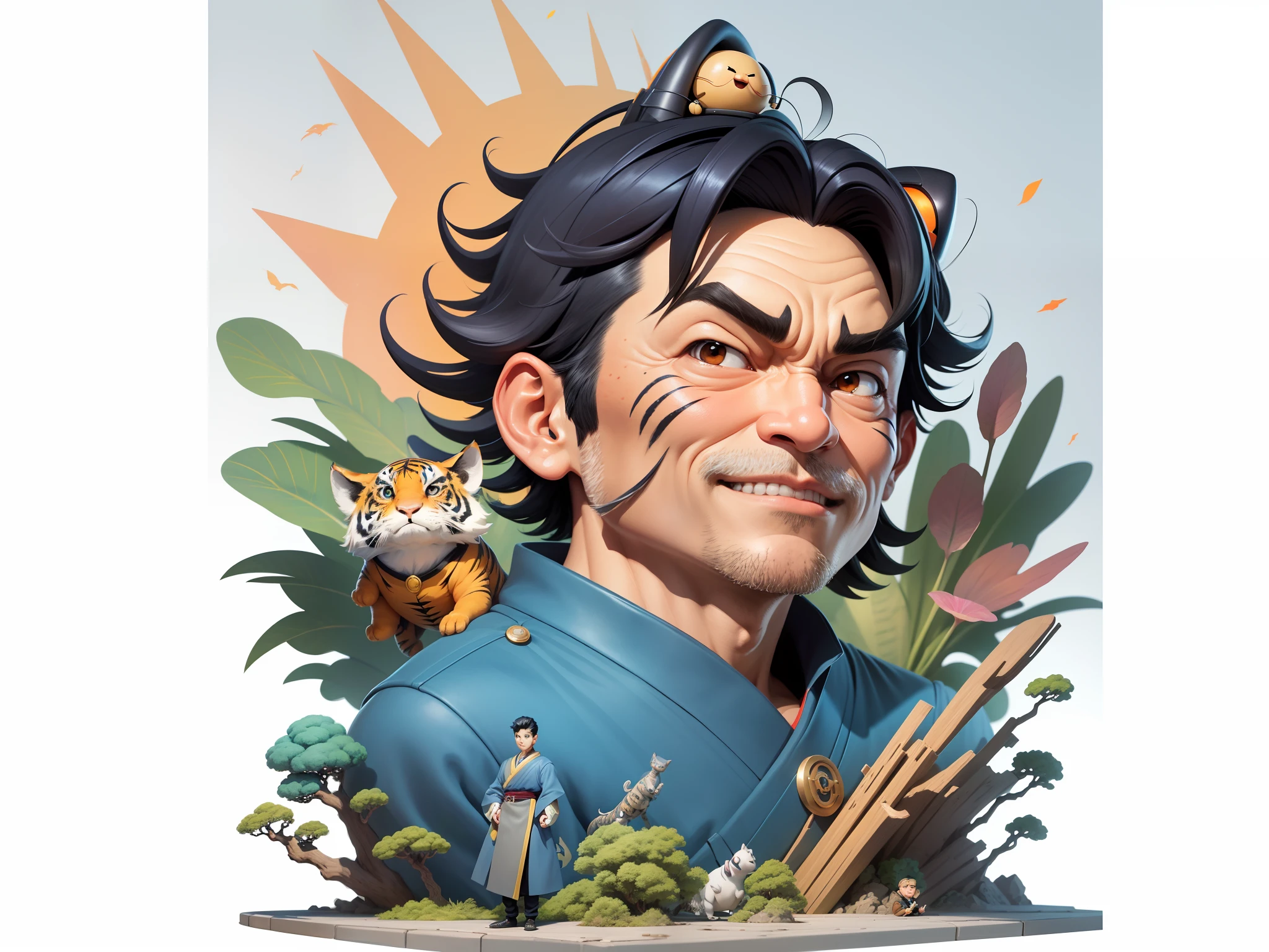 (Masterpiece), (Excellent), (Super Meticulous), (Full Body: 1.2), Super Young Man, Oriental Face, Japanese Kimono, Japanese Wind Thunder God, Dragon, Tiger, TV Anchor, Bust Portrait Illustration, Alone, Black Suit, Blue Tie, Slightly Chubby Face, Very Clean Face, No Beard, Black Super Short Hair, Black Eyes, Confident Smile, 3c Computer Sub-Products, iPad, iPhone, Digital Painting, 3D Character Design by Akira Toriyama and Mark Claireden and Pixar and Hayao Miyazaki, The illustration is a high-definition illustration in 4K resolution with very detailed facial features and cartoon-style visuals.