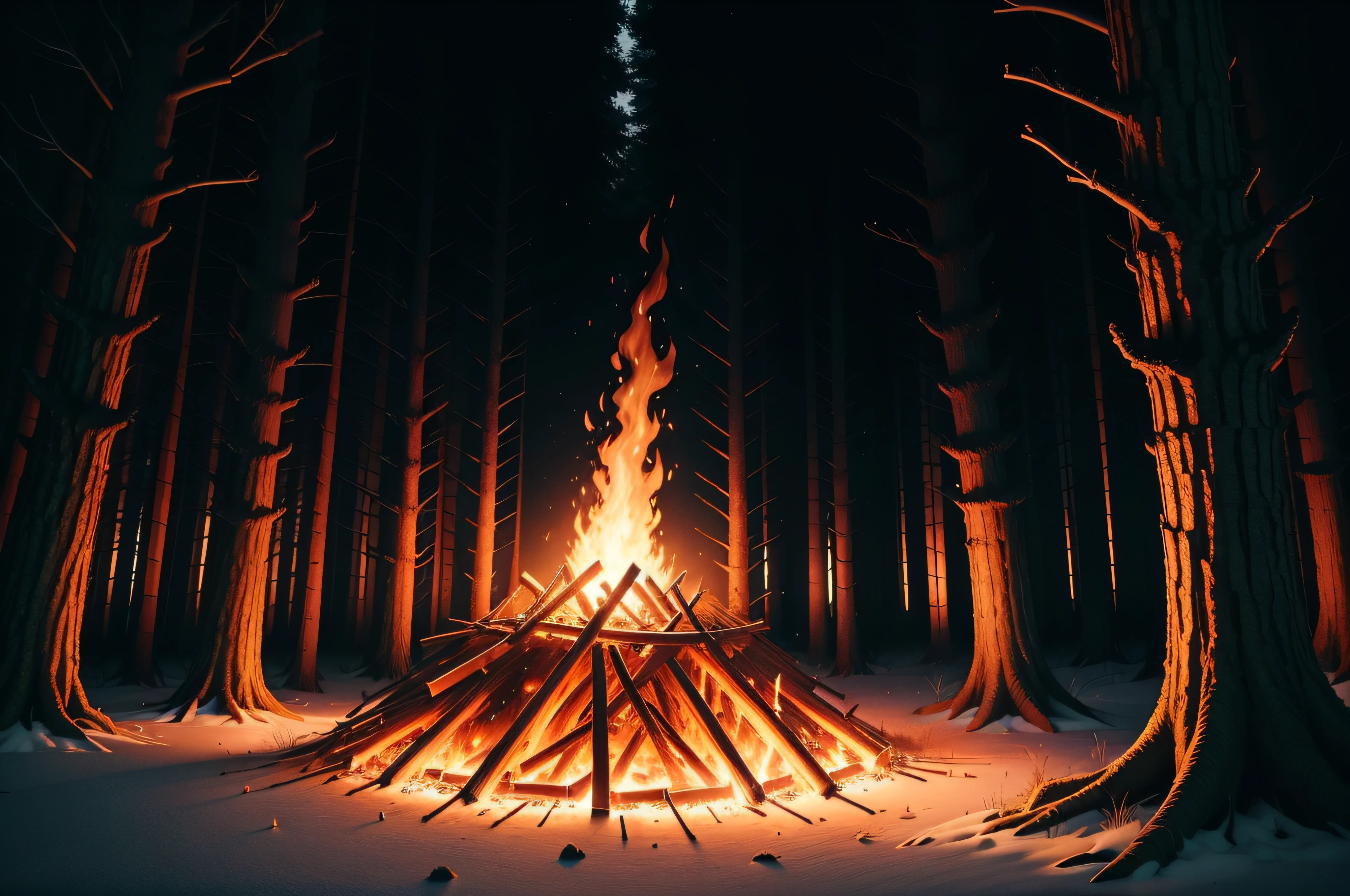 bonfire in the middle of the dark forest