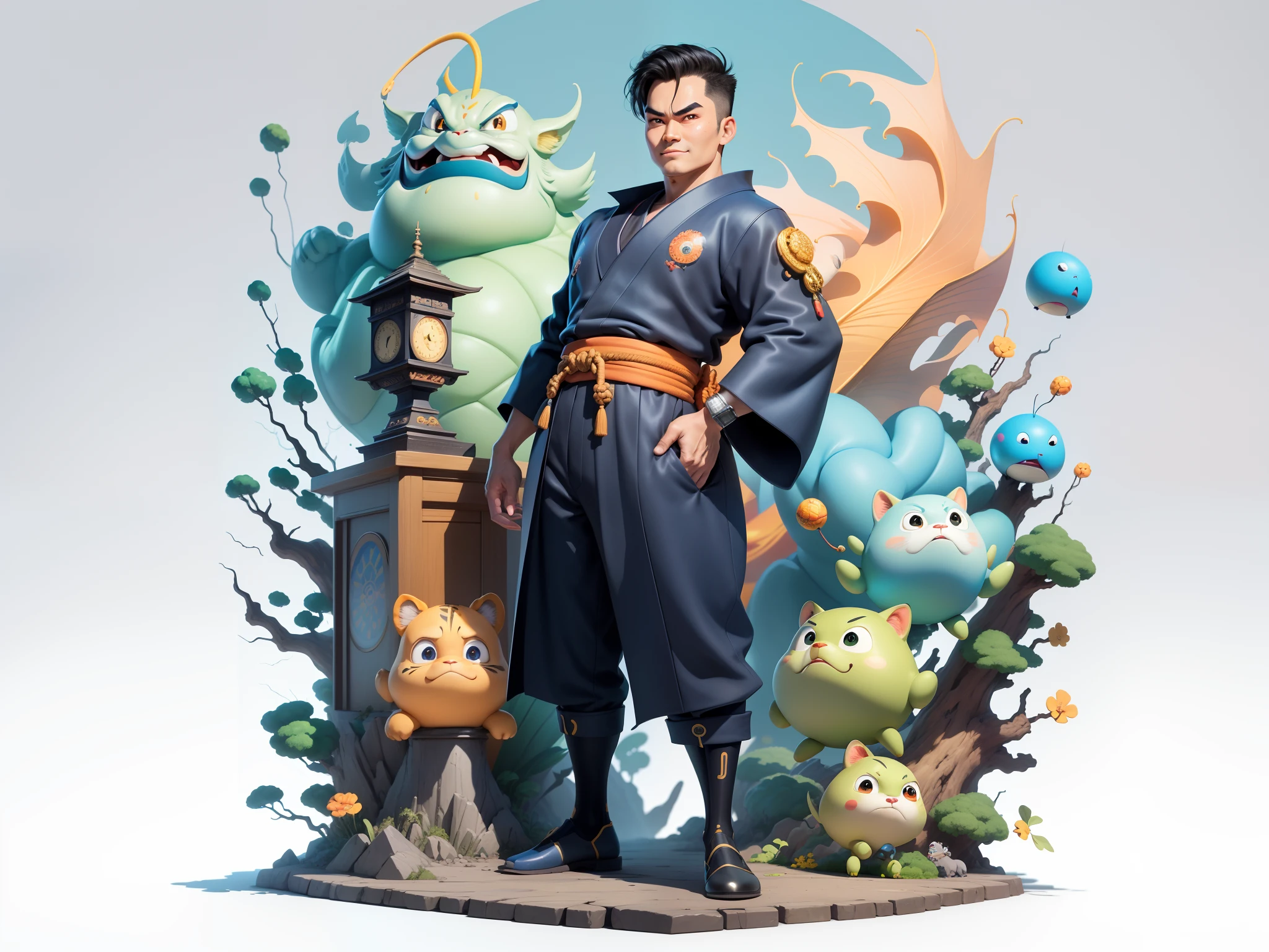 (Masterpiece), (Excellent), (Super Meticulous), (Full Body: 1.2), Super Young Man, Oriental Face, Japanese Kimono, Japanese Wind Thunder God, Dragon, Tiger, TV Anchor, Bust Portrait Illustration, Alone, Black Suit, Blue Tie, Slightly Chubby Face, Very Clean Face, No Beard, Black Super Short Hair, Black Eyes, Confident Smile, 3c Computer Sub-Products, iPad, iPhone, Digital Painting, 3D Character Design by Akira Toriyama and Mark Claireden and Pixar and Hayao Miyazaki, The illustration is a high-definition illustration in 4K resolution with very detailed facial features and cartoon-style visuals.