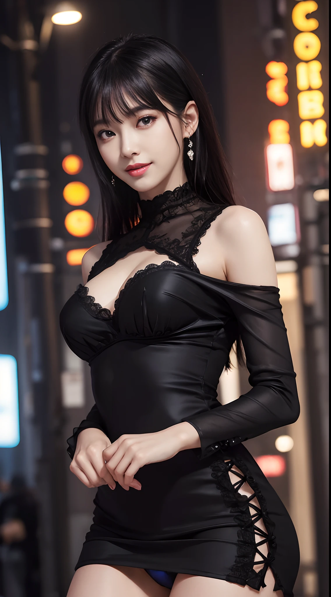 8k, masterpiece, RAW photo, best quality, photorealistic, extremely detailed CG unity 8k wallpaper, Depth of field, Cinematic Light, Lens Flare, Ray tracing, (extremely beautiful face, beautiful lips, beautiful eyes), intricate detail face, ((ultra detailed skin)) 1girl, in the dark, deep shadow, pretty korean girl, kpop idol,(very slim slender fit-muscled body:1.3), ((looking at viewer)),(big smile:1.3), (tight midi dress), (shot sleeve) , (fashion city night, (neon sign), (big building), fashion street night),(no people), (without people in the background:1.3), pretty korean girl, white diamond earrings, dia bracelets, dia necklace, pantyhose, clear eyes, walking , front shot, (pale skin), face forward, (big eyes), ((upper body shot)), ((silk Laced)), ((black color dress:1.3)), (looking at viewer:1.3), (see through, laced panty), open breasts, Hermes bag