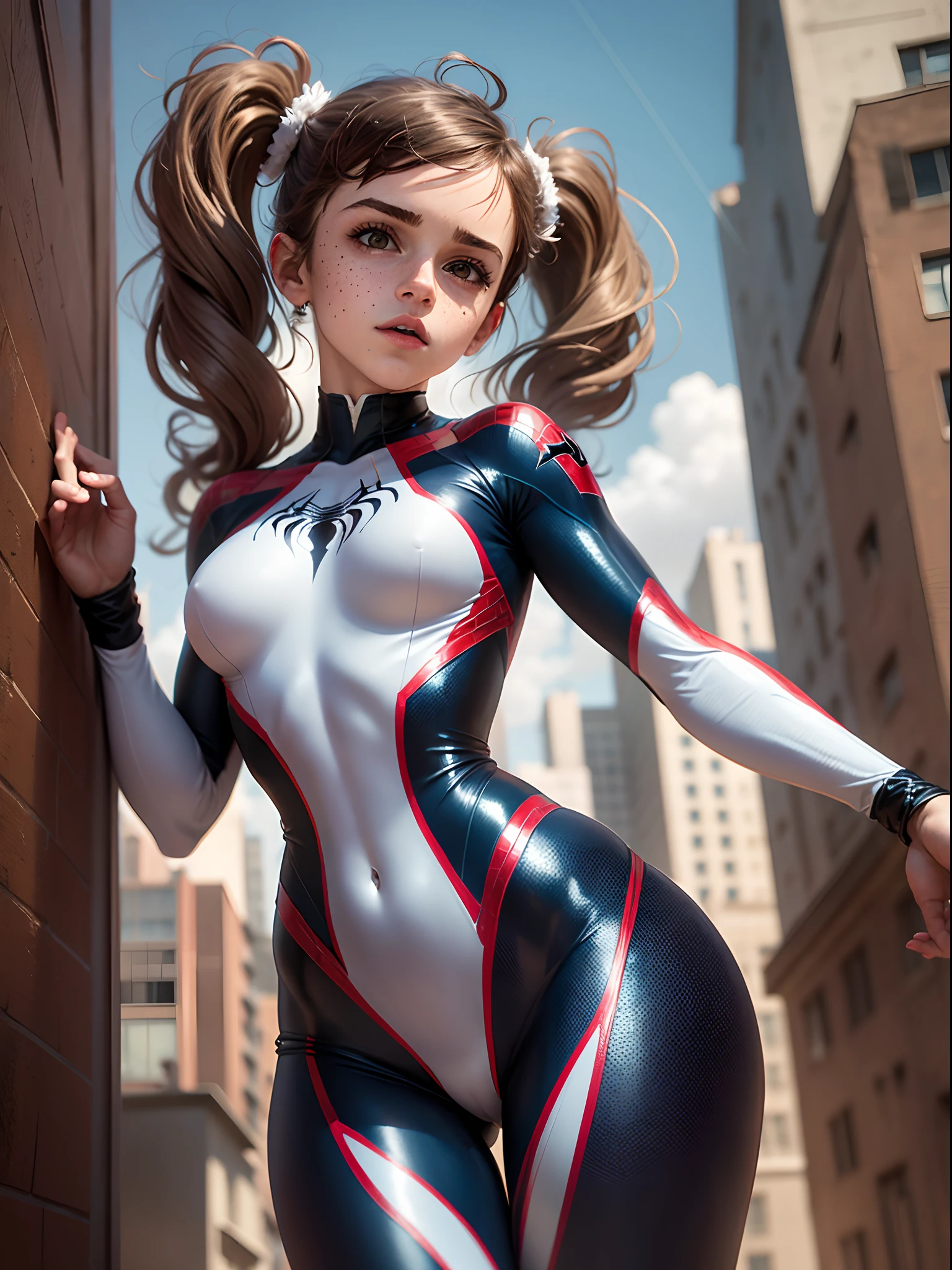 from below. masterpiece. highly detailed. A beautiful Teen Emma Watson dressed as spider-girl in a tight intricate costume. slender and athletic. freckles. pigtails. She is on the roof of a building. sparkly hair. shiny skin.