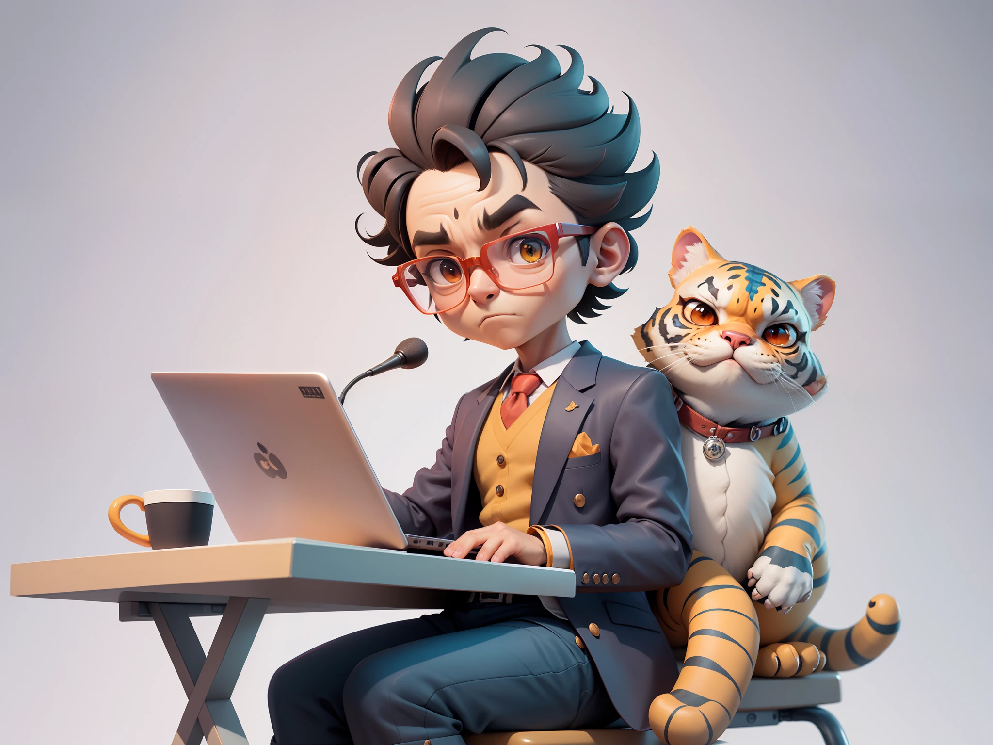 A young man in a suit, Short hair and glasses sat at his desk，holding laptop，digitial painting，tigre，3D character design by Mark Clairen and Pixar and Hayao Miyazaki and Akira Toriyama，4K HD illustration，Very detailed facial features and cartoon-style visuals。