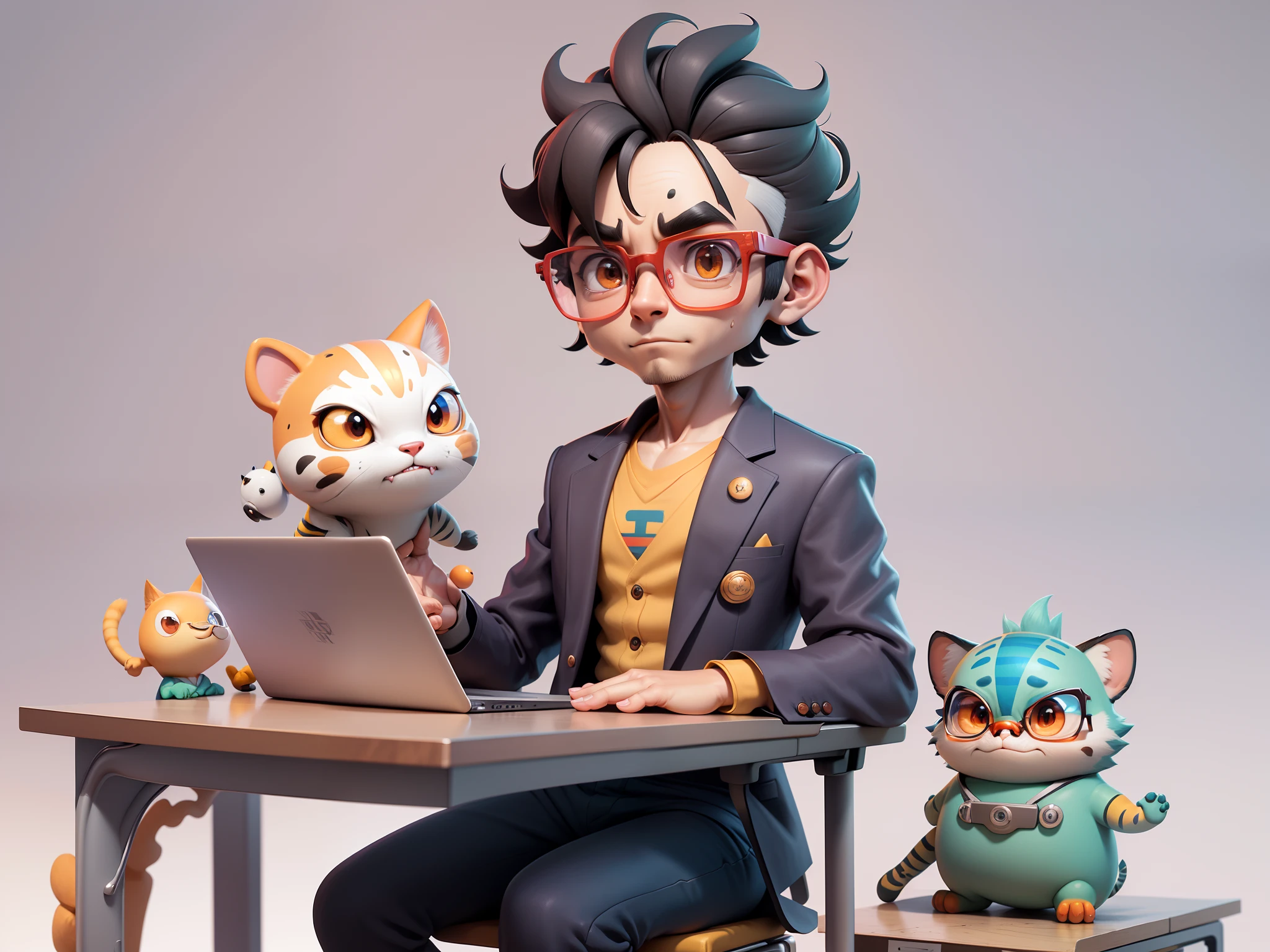 A young man in a suit, Short hair and glasses sat at his desk，holding laptop，digitial painting，tigre，3D character design by Mark Clairen and Pixar and Hayao Miyazaki and Akira Toriyama，4K HD illustration，Very detailed facial features and cartoon-style visuals。