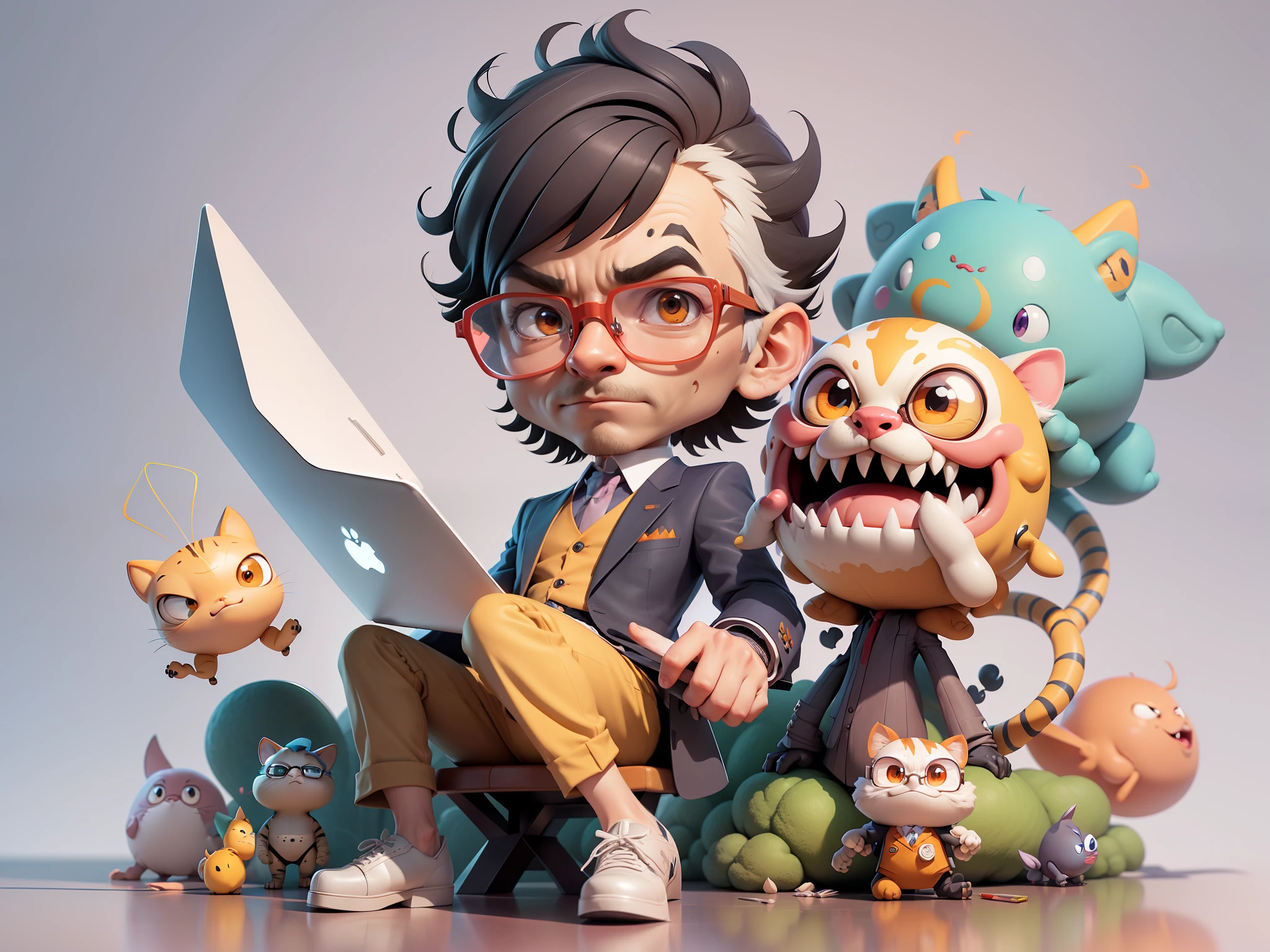 A young man in a suit, Short hair and glasses sat at his desk,holding laptop,digitial painting,tigre,3D character design by Mark Clairen and Pixar and Hayao Miyazaki and Akira Toriyama,4K HD illustration,Very detailed facial features and cartoon-style visuals。