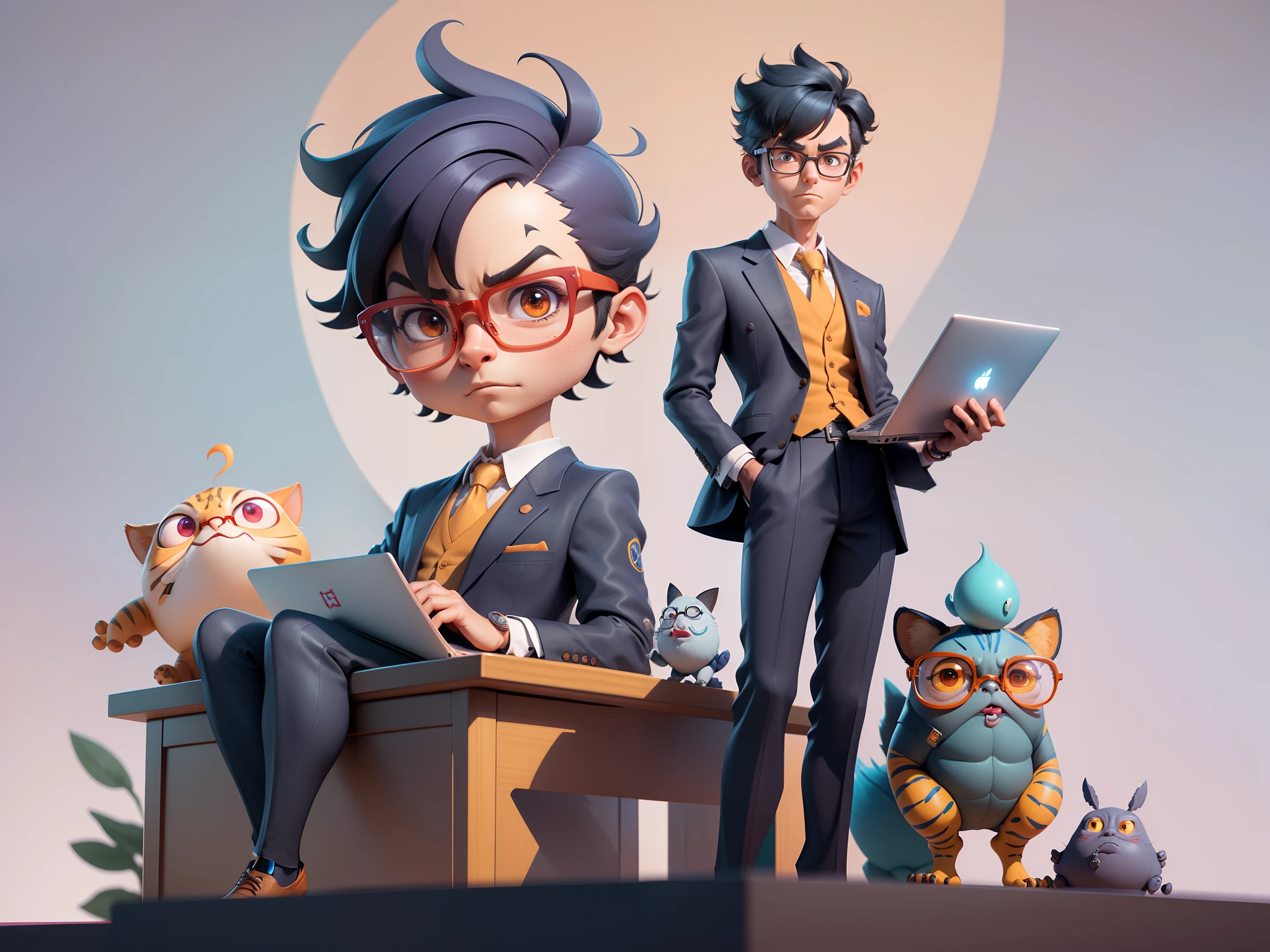 A young man in a suit, Short hair and glasses sat at his desk,holding laptop,digitial painting,tigre,3D character design by Mark Clairen and Pixar and Hayao Miyazaki and Akira Toriyama,4K HD illustration,Very detailed facial features and cartoon-style visuals。
