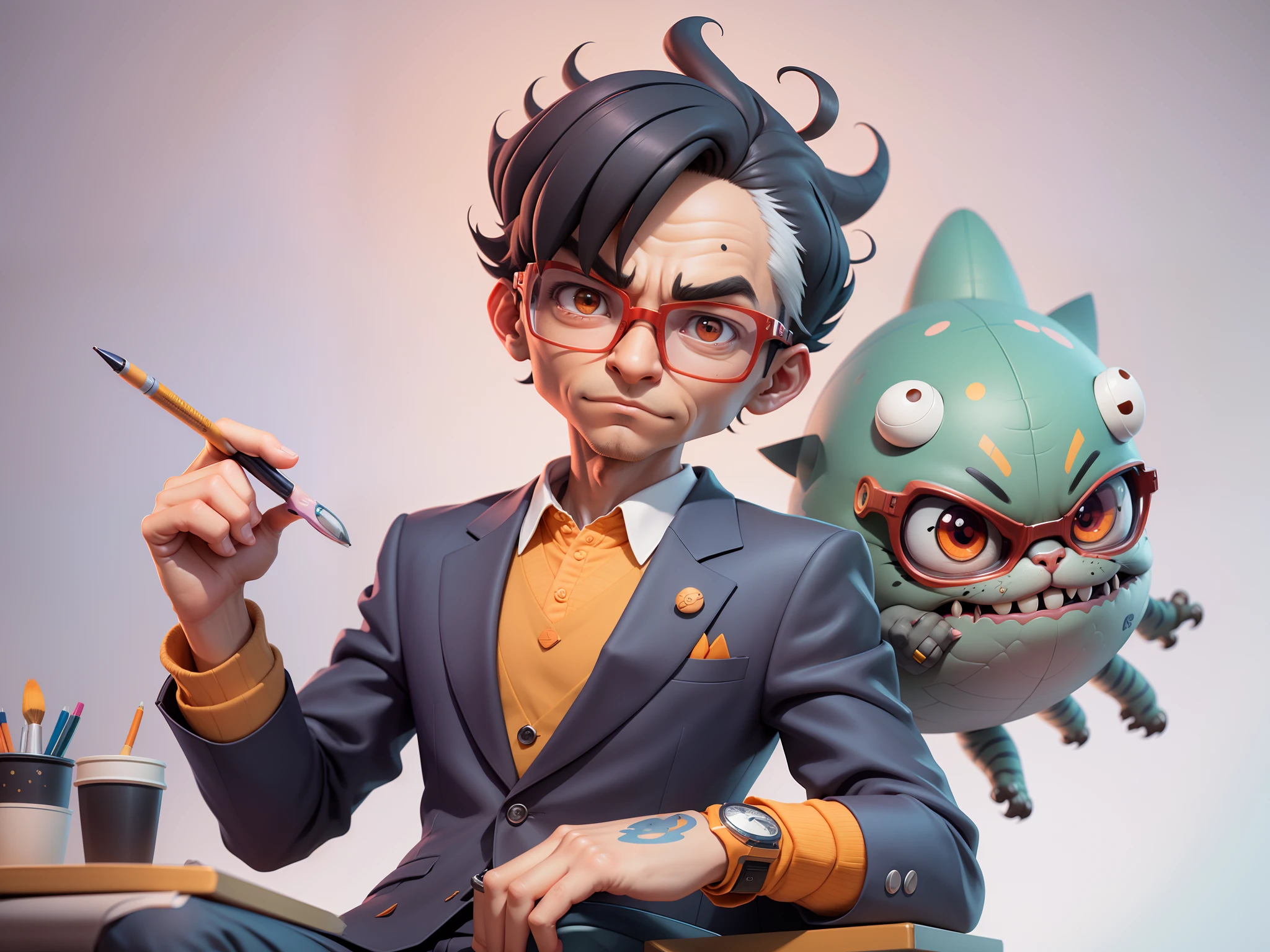 A young man in a suit, Short hair and glasses sat at his desk，holding laptop，digitial painting，tigre，3D character design by Mark Clairen and Pixar and Hayao Miyazaki and Akira Toriyama，4K HD illustration，Very detailed facial features and cartoon-style visuals。