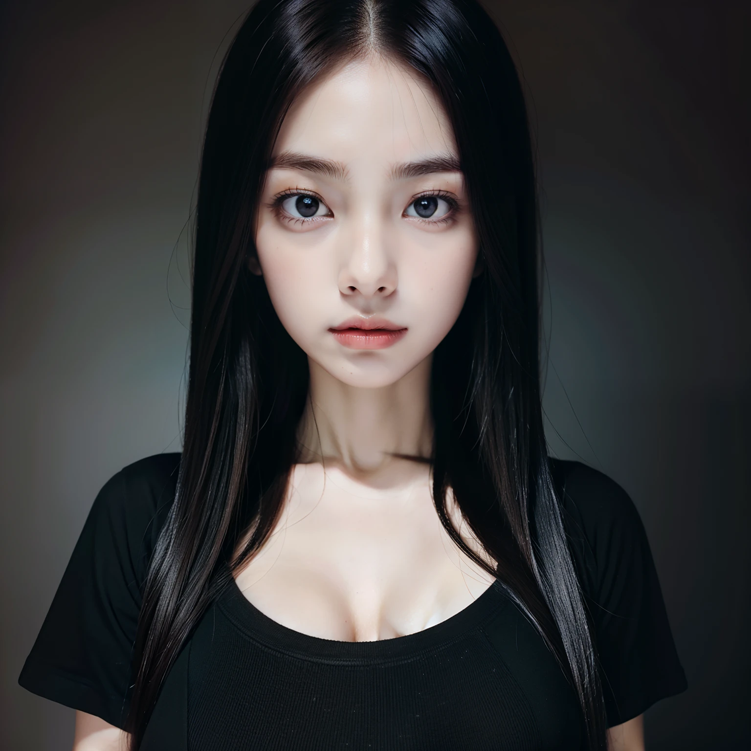 masterpiece, best quality, (dark photo:1.3), photorealistic, 1girl, big breast, stunning innocent symmetry face, t shirt, emotional, sexy girl