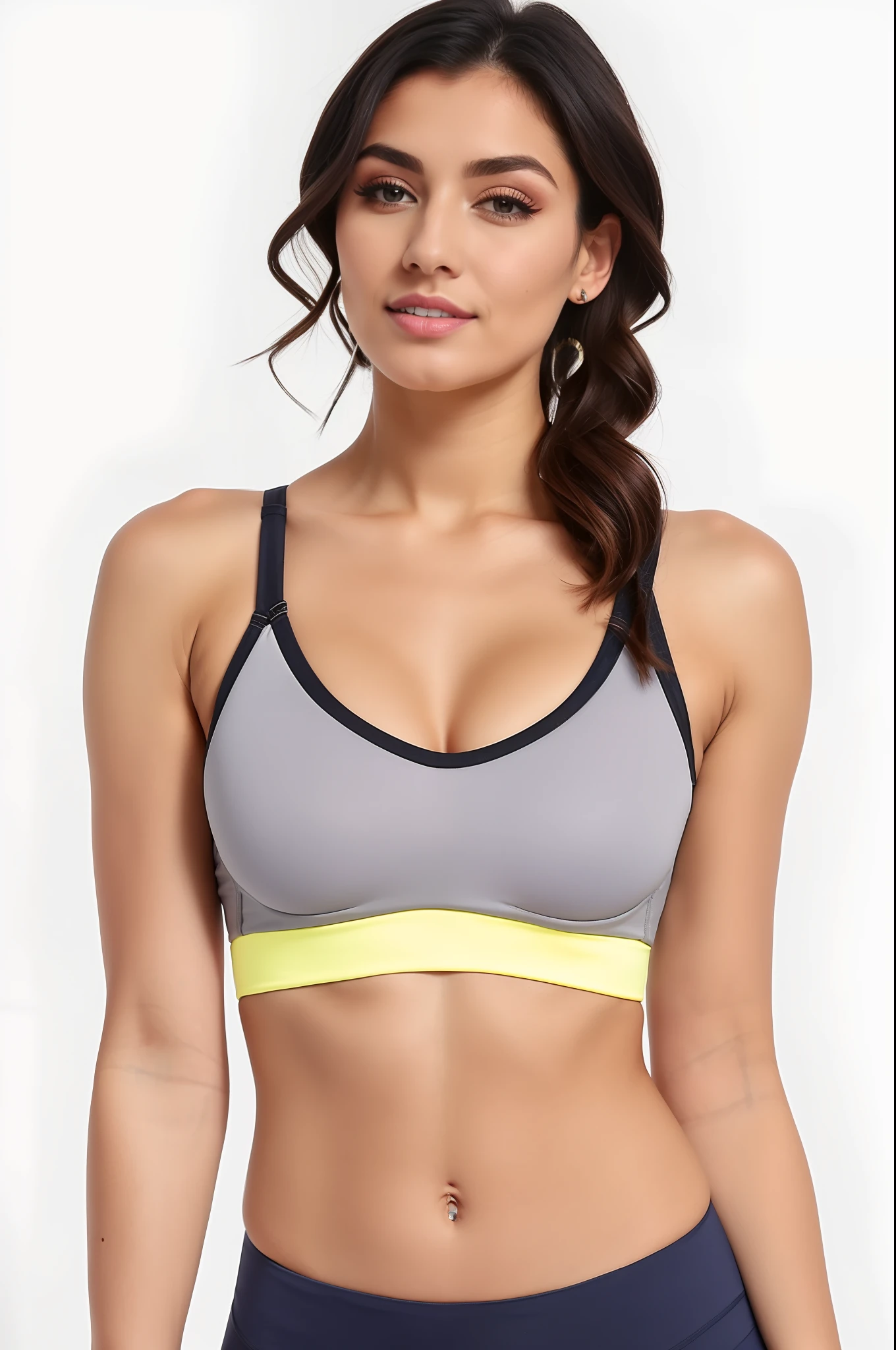 A gorgeous woman in a gray and yellow sports bra top, Esporte bom, sports bra, sport bra and shirt, Bralette, brassier, sport bra and shorts, peito achatado, detailed sports bra, In a bra, roupas esportivas fofas, roupas esportivas, physical : tinyest midriff ever, tight push up bra, sport bra and dark blue shorts