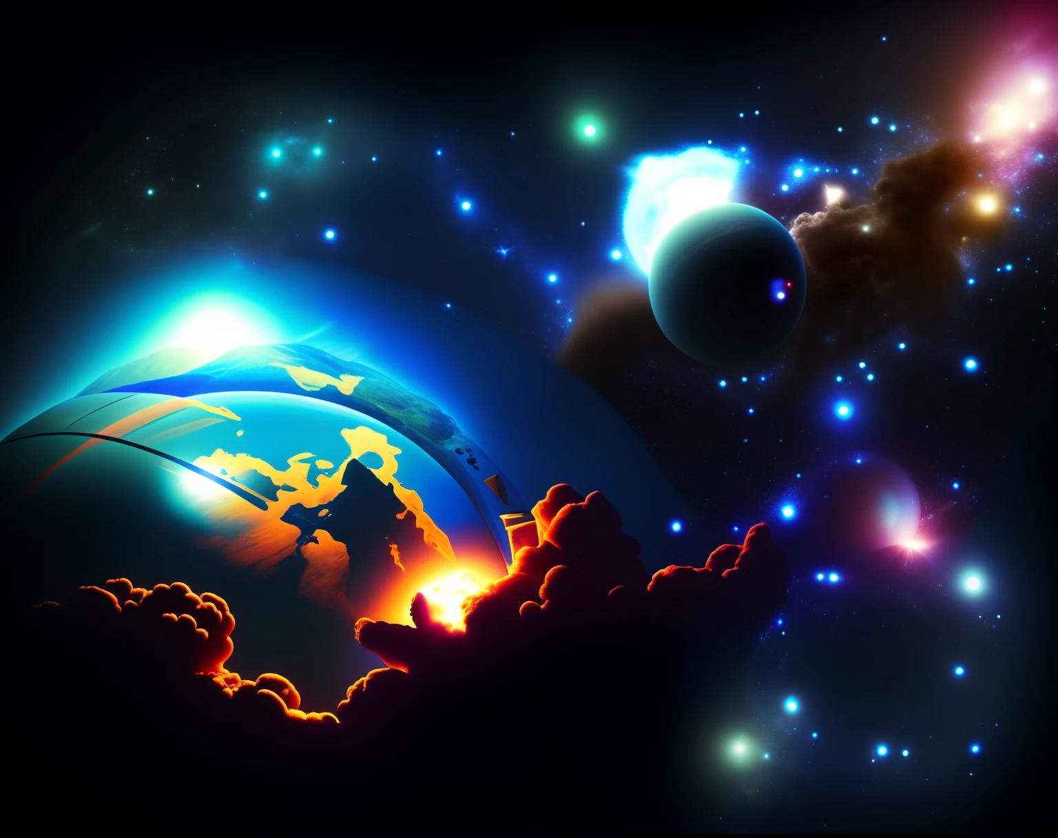 There is an image of a planet in the sky with a fireball, arte de fundo, atmosfera espacial, planeta e estrelas, space sky, Planeta explodindo no fundo, destroyed planet, cena espacial, heaven planet in background, space backround, scene in space, planetas caindo, planeta terra explodindo, planet in space, Arte Espacial, belo planeta estrela espacial, planet in the sky
