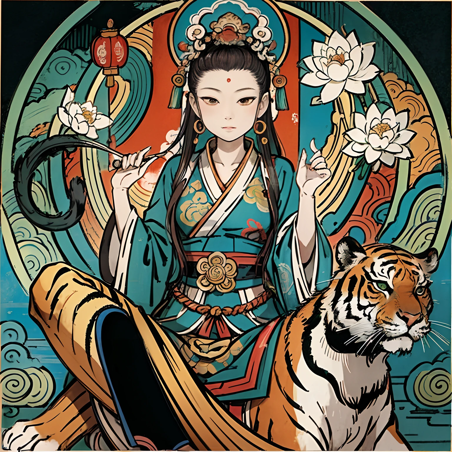 an ancient Chinese goddess, guanyin of the southern seas, Guanyin, Inspired by India, Avalokiteshvara rides a tiger，,Serene expression,shui mo hua,Buddha,Buddhist,Lotus,Chinese painting style,Thangka style