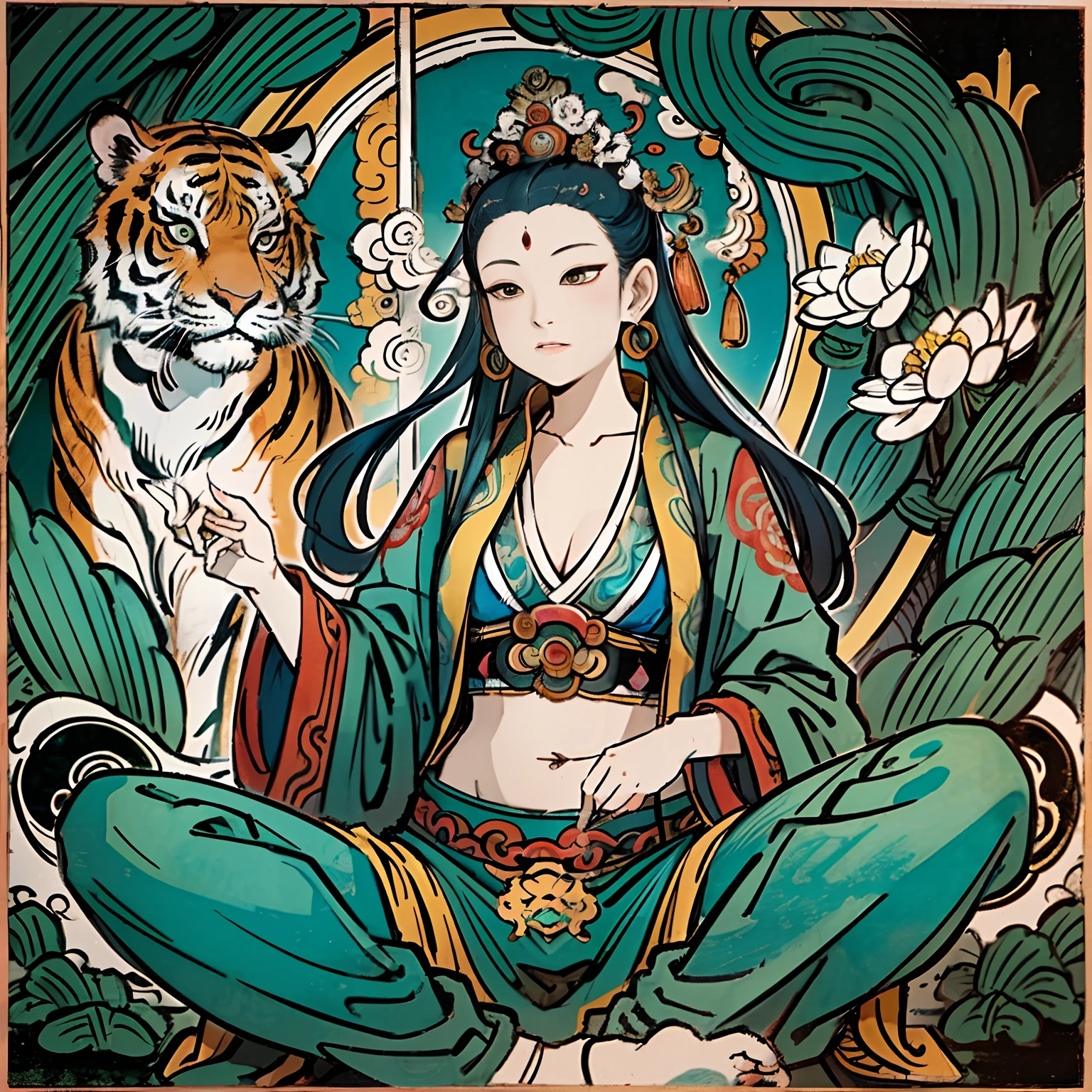 an ancient Chinese goddess, guanyin of the southern seas, Guanyin, Inspired by India, Avalokiteshvara rides a tiger,,Serene expression,shui mo hua,Buddha,Buddhist,Lotus,Chinese painting style,Thangka style