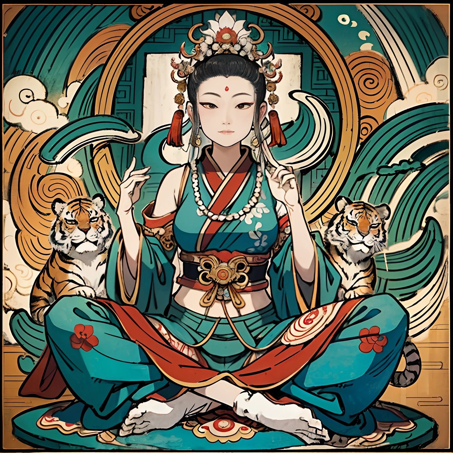 an ancient Chinese goddess, guanyin of the southern seas, Guanyin, Inspired by India, Avalokiteshvara rides a tiger,,Serene expression,shui mo hua,Buddha,Buddhist,Lotus,Chinese painting style,Thangka style
