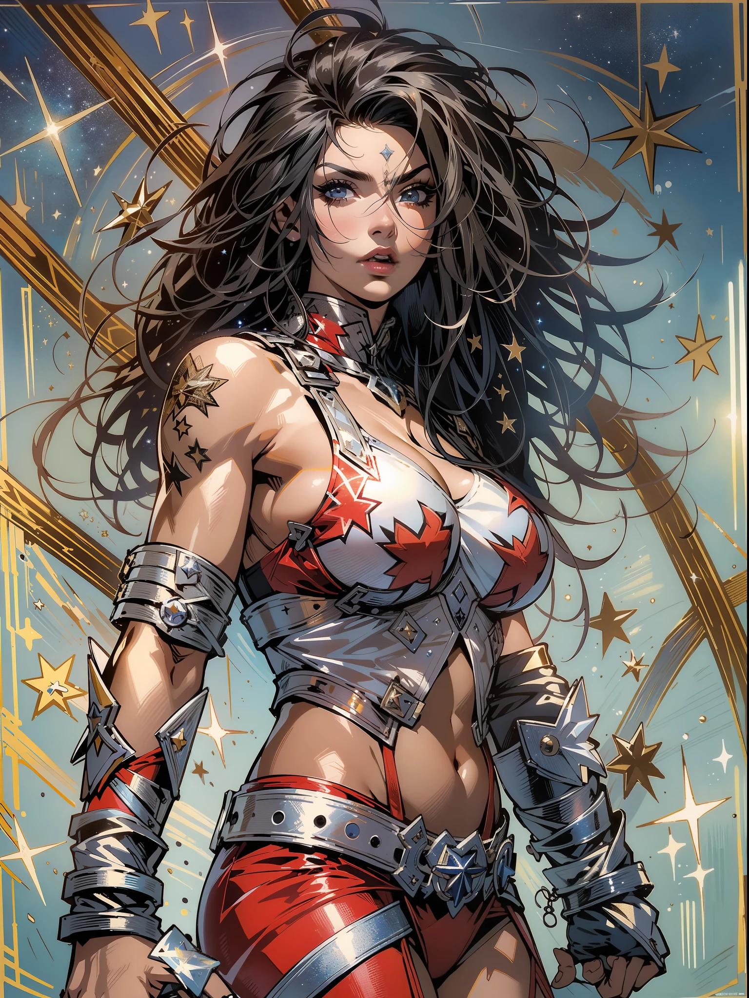 (((mulher))), (((melhor qualidade))), (((obra prima))), (((adulta))), Uma guerreira mulher de 35 anos com corpo perfeito, Brooklyn Gladiators, (( under boobs )), quase nua no estilo selvagem urbano de Simon Bisley para a capa da revista Heavy Metal, cabelo loiro, Minimum clothing, armadura (azul escuro com estrelas brancas e vermelho com listras brancas), cheio de pontas e rebites manchadas de tinta, tatuagem de estrelas de 5 pontas, (corpo inteiro), (((cabelo curto com franja branca cobrindo a testa))), 1girl