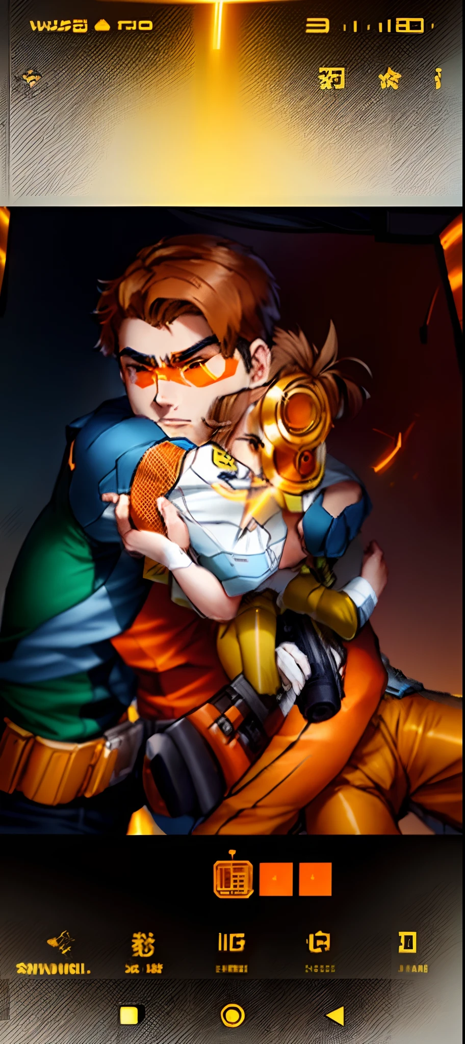 sketch of a boy hugging each other with a gun, jojo anime style, colored art, glow orange eyes with a trail from the left, brown hair, golden gun, color outfit, speed anime effect, cinema lighting, white skin tone,