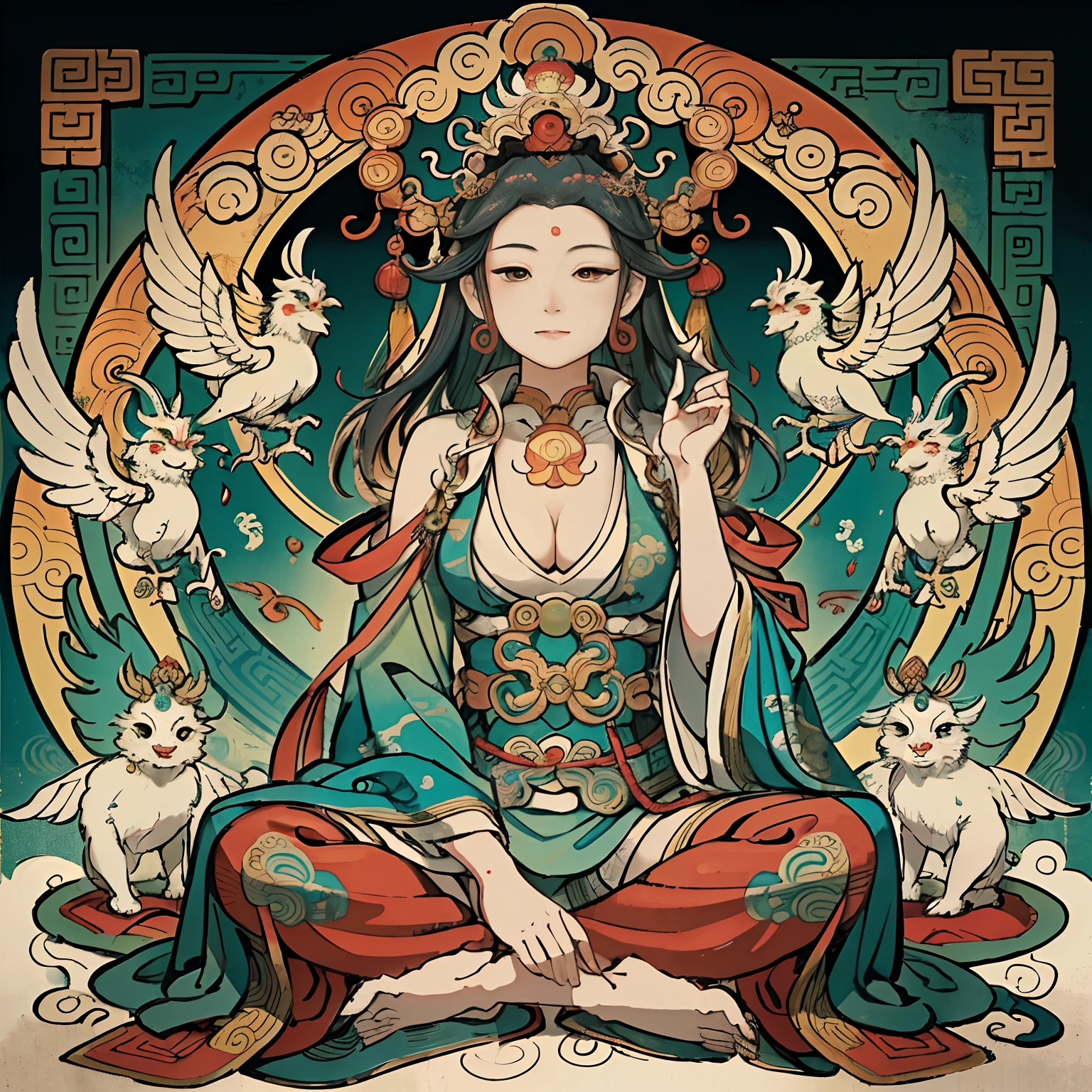 an ancient Chinese goddess, guanyin of the southern seas, Guanyin, Inspired by India, Avalokiteshvara rides a phoenix，,Serene expression,shui mo hua,Buddha,Buddhist,Lotus,Chinese painting style,Thangka style