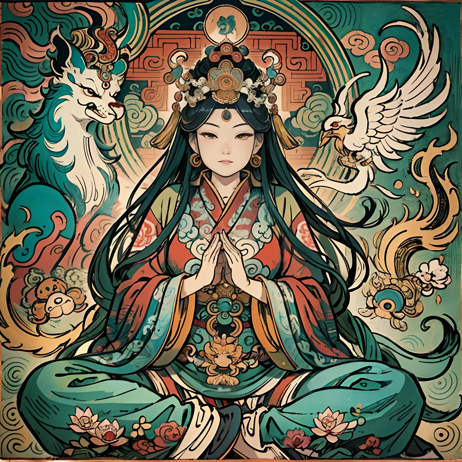 an ancient Chinese goddess, guanyin of the southern seas, Guanyin, Inspired by India, Avalokiteshvara rides a phoenix,,Serene expression,shui mo hua,Buddha,Buddhist,Lotus,Chinese painting style,Thangka style