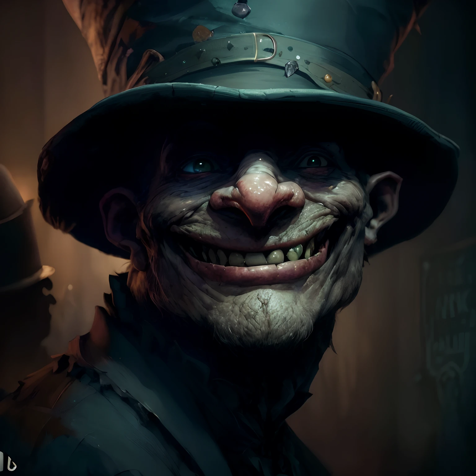 a close up of a man wearing a hat and a top hat, fantasy art smug smile man, grim-hatter, mad grin, grinning sinisterly, amazing portrait of viego, subject is smiling, medium portrait of a goblin, guillem h. pongiluppi, wicked grin, portrait of a goblin, Artstation contest winner, the madhatter