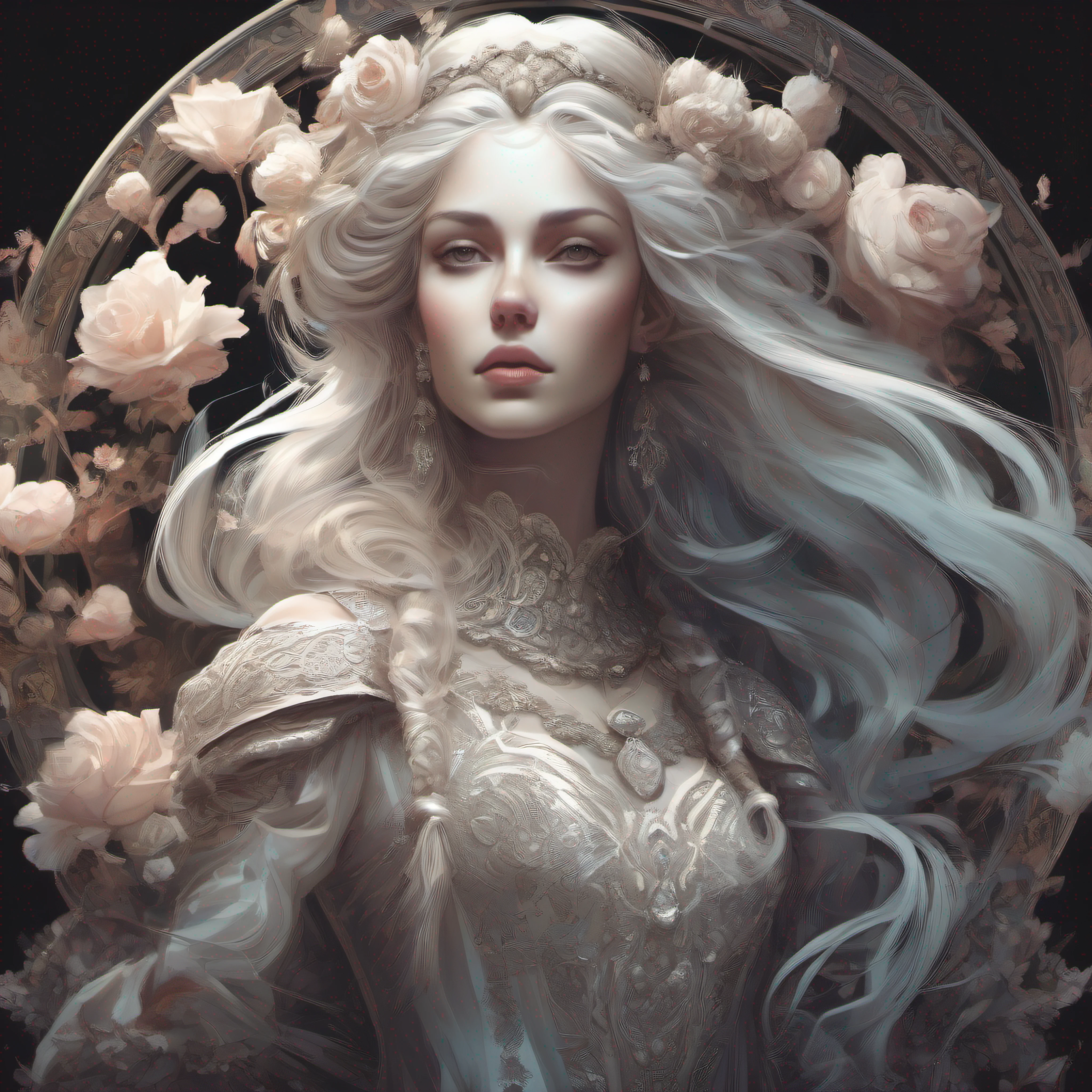 (skeleton like:0.4), ((female ornate princess)), (with white long flowing hair), (bright beautiful eyes), trending on artstation, flowers of hope by Jean-Honor Fragonard, Peter mohrbacher, hyper detailed, insane details, stunning, intricate, elite, art nouveau, ornate, liquid wax, elegant, luxury, Greg Rutkowski, ink style, sticker, vector-art beautiful character design, double exposure shot, luminous design, award winning, masterpiece, amoled black background,