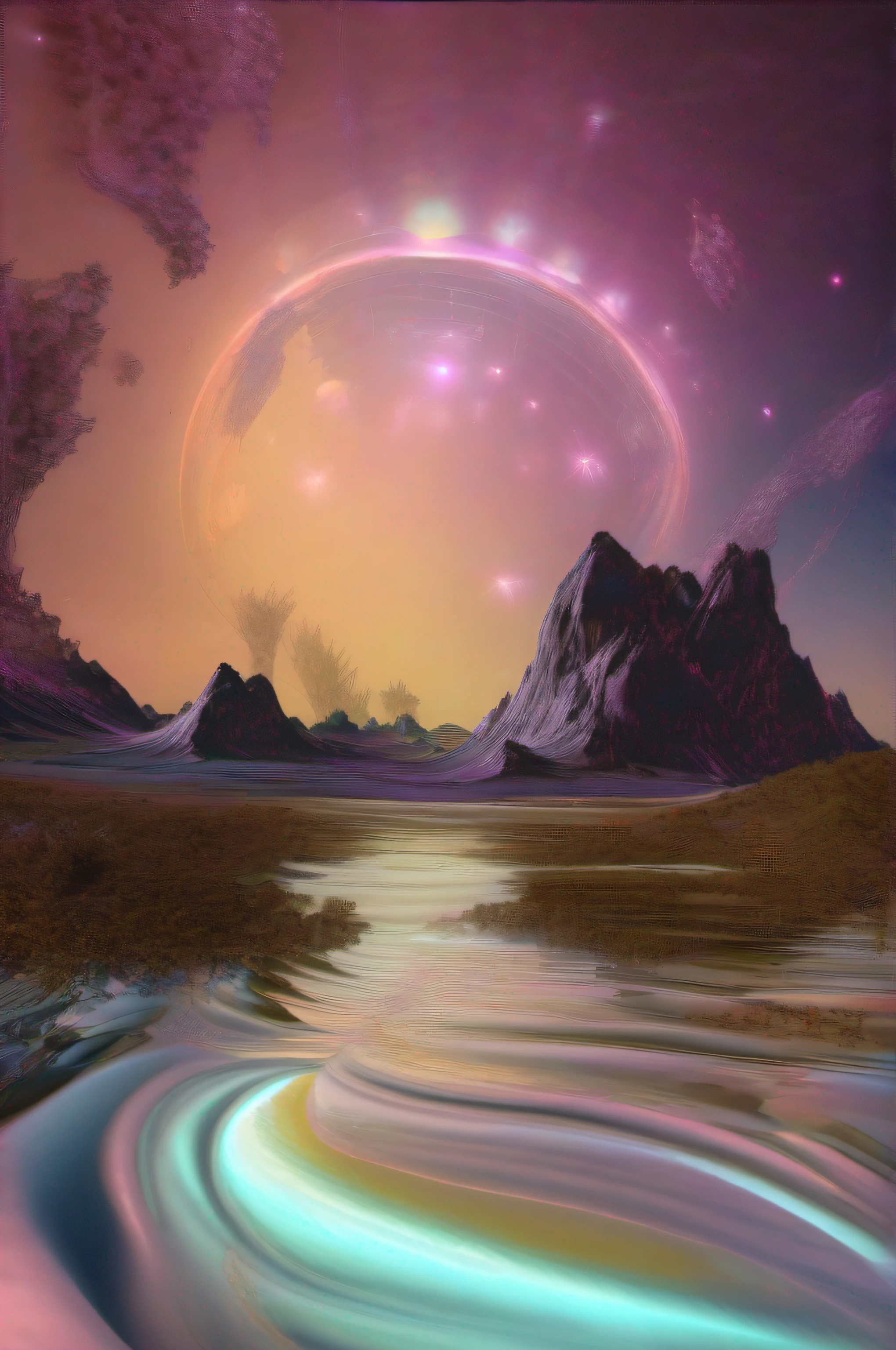 Nave espacial, alien, formas ovais, translucent metal, landing on a base of a planet in another galaxy, ambiente noturno,  auroras, fractal, whisps, raios, Distant lands with alien vegetation, detalhes intrincados, Fictional art, arte de Clemilton Barbosa, premiado, obra prima, 16K