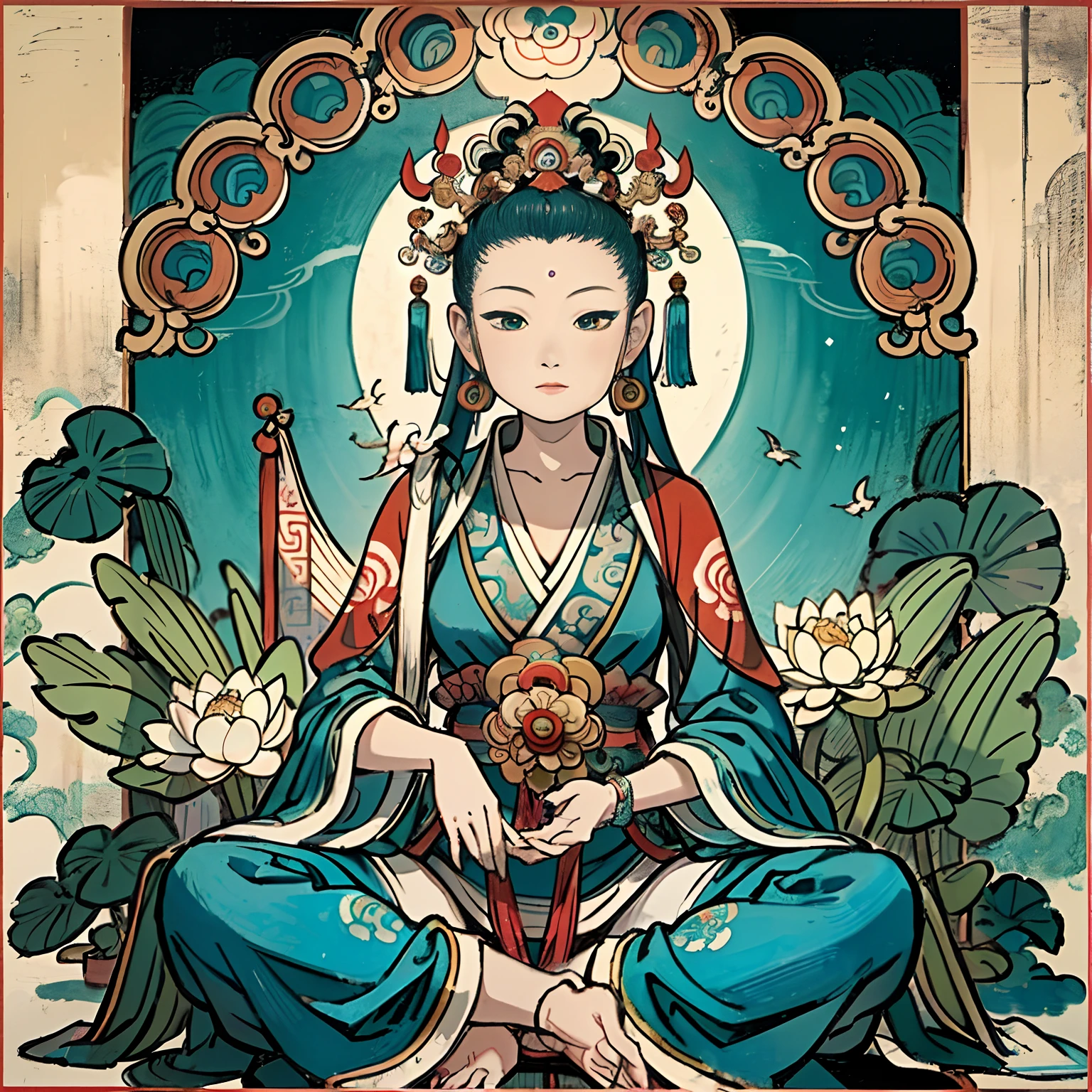 an ancient Chinese goddess, guanyin of the southern seas, Guanyin, Inspired by India, Avalokiteshvara，,Serene expression,shui mo hua,Buddha,Buddhist,Lotus,Chinese painting style,Thangka style