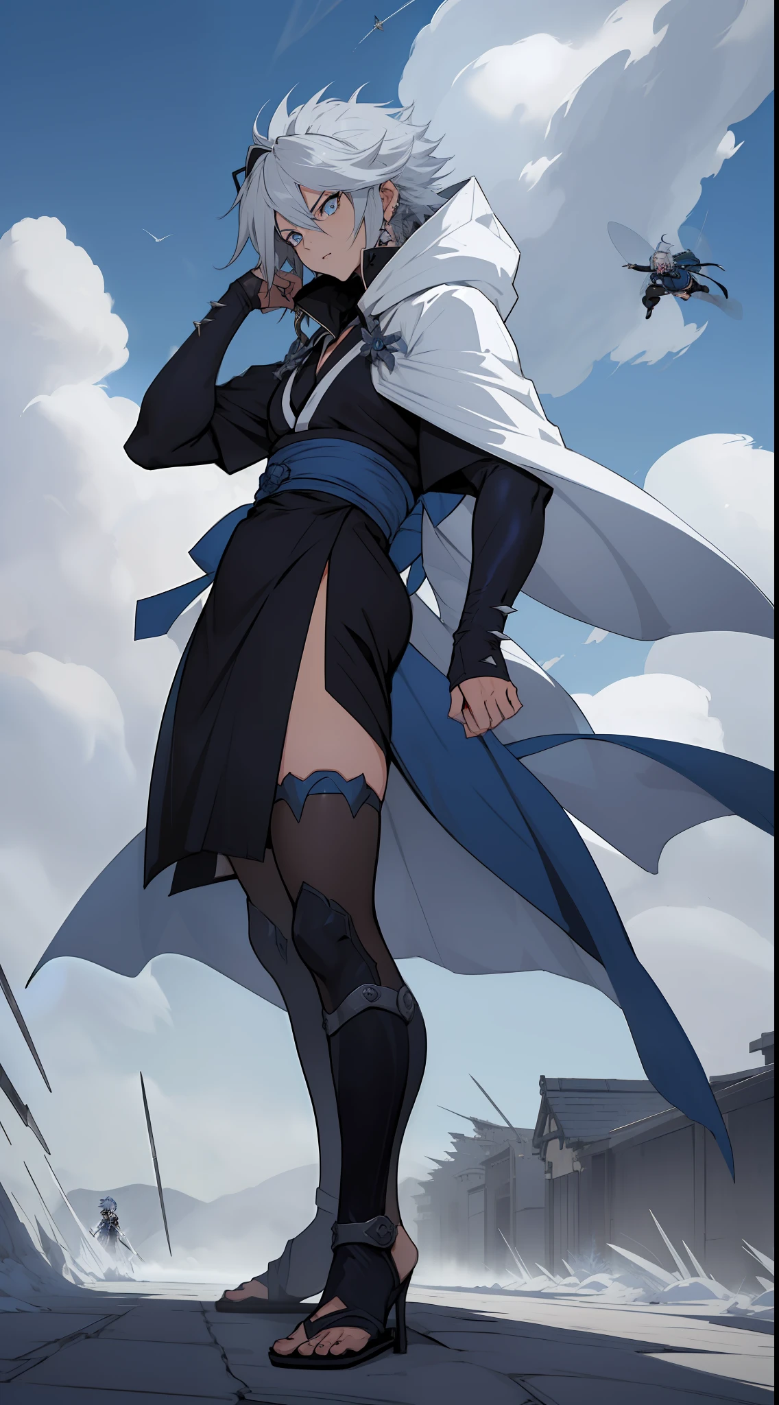 female (Sakuya Izayoi), (short spiky hair + serious look + full body + time master + ninja + kunoichi + silver hair + dark blue eyes + white cape + white assassin hood + time travel + fly in the clouds + 1900s)