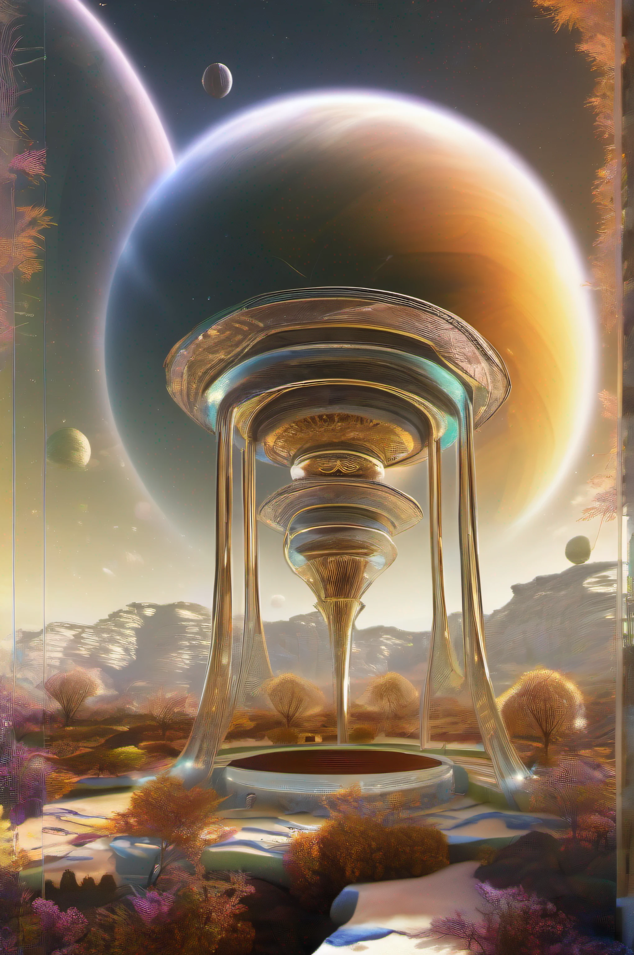 Nave espacial, alien, formas ovais, translucent metal, landing on a base of a planet in another galaxy, ambiente noturno, auroras, fractal, whisps, raios, Distant lands with alien vegetation, detalhes intrincados, Fictional art, arte de Clemilton Barbosa, premiado, obra prima, 16K
