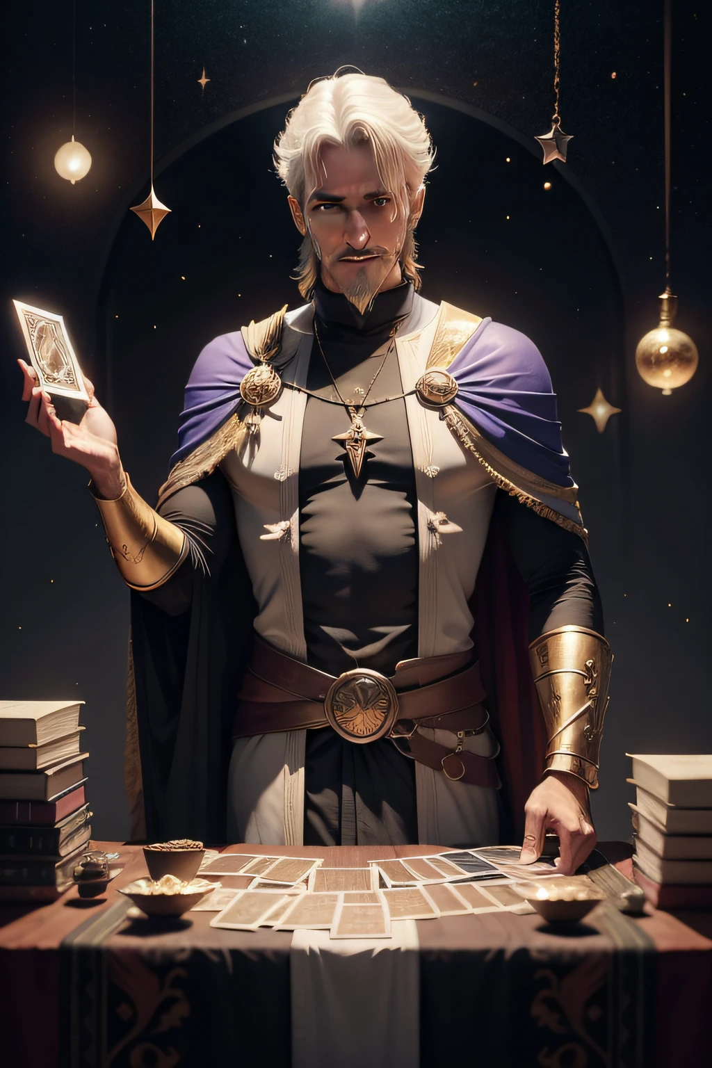 imagine um homem de 30 anos de idade com cabelos um pouco grisalhos curtos porem charmosos , this man wearing a mystical outfit with a penetrating and confident gaze held in his left hand 5 tarot decks based on Saint Cyprian, It presents the forward-facing deck as a person who has won in the card game and wants to show being in a magical environment with planets, signboards, estrelas e pessoas ao seu redor, with a wooden table in front of you;, Highlight of the image in his gaze, passing harmony and confidence, and in the cards in his hand, he proudly presents the tarot images of the healing of the madman, the sword and the titan; , esta foto deve estar em destaque o baralho de tarot e o olhar do homem