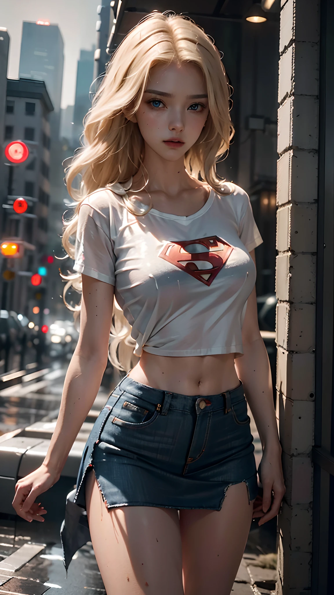Beautiful woman with wavy blonde hair, delicate and charming blue eyes, thigh notch, sexy long legs, t-shirt in (jeans short skirt), with superman letter S, cute futuristic cyberpunk + city, mist, damp, rain, best quality masterpiece, realistic, detailed, 8k, HDR, shallow depth of field, wide light, high contrast, backlight, flood, flash, chromatic aberration,  sharp focus, RAW color photo, superman S symbol on the chest.