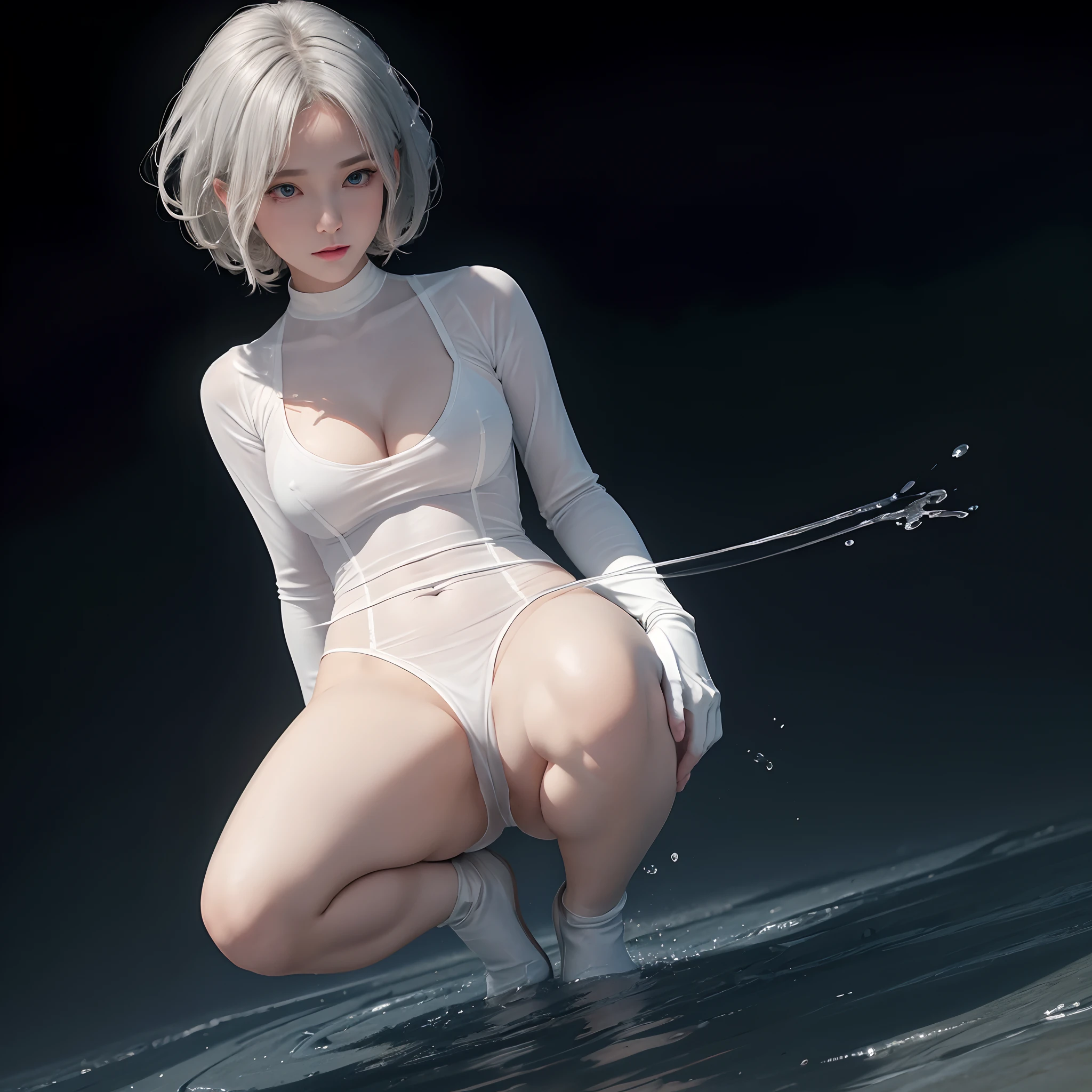 ((NSFWSTILLSHOW))、no extra arm:2、no extra hand:2、no extra leg:2、((solo 1girl))、{full length|Full height|all-fours|Half squatting|Flying|Jumpping|Ass focus、looking ahead}、{Wide Shot:1.5|Drone view|OverHeadShot|From below:1.5}、(wetted Porcelain skin、Wetted White skinny bodysuit)、Very thin and soft fabric、wetted face、{wetted hair|Floating hair|Shiny hair|Black hair|Blonde hair|Silver hair|Short Bob|Half Up|Curly hair}、Detailed Clear Nipples、detailed crotch、(The shape of the pubic area is Clearly Visible:1.2)、ass visible through thighs:1.3、Nipple shadow、(masterpiece, Best quality)、(((Photorealsitic:1.37)))、(BokeH)、smooth shading、({childish|Gigantic cleavage:1.37})、((((detailed beautiful face))))、Darkbackground、neons、zydG、high collar、elbow_gloves、Floating in the SPACE、Blue Earth、{dreamlike|creative refinement}、
