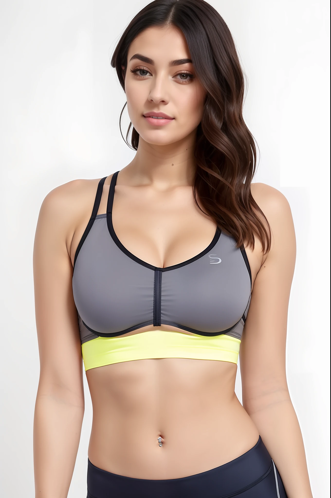 A gorgeous woman in a gray and yellow sports bra top, Esporte bom, sports bra, sport bra and shirt, Bralette, brassier, sport bra and shorts, peito achatado, detailed sports bra, in a bra, roupas esportivas fofas, roupas esportivas, physical : tinyest midriff ever, tight push up bra, sport bra and dark blue shorts