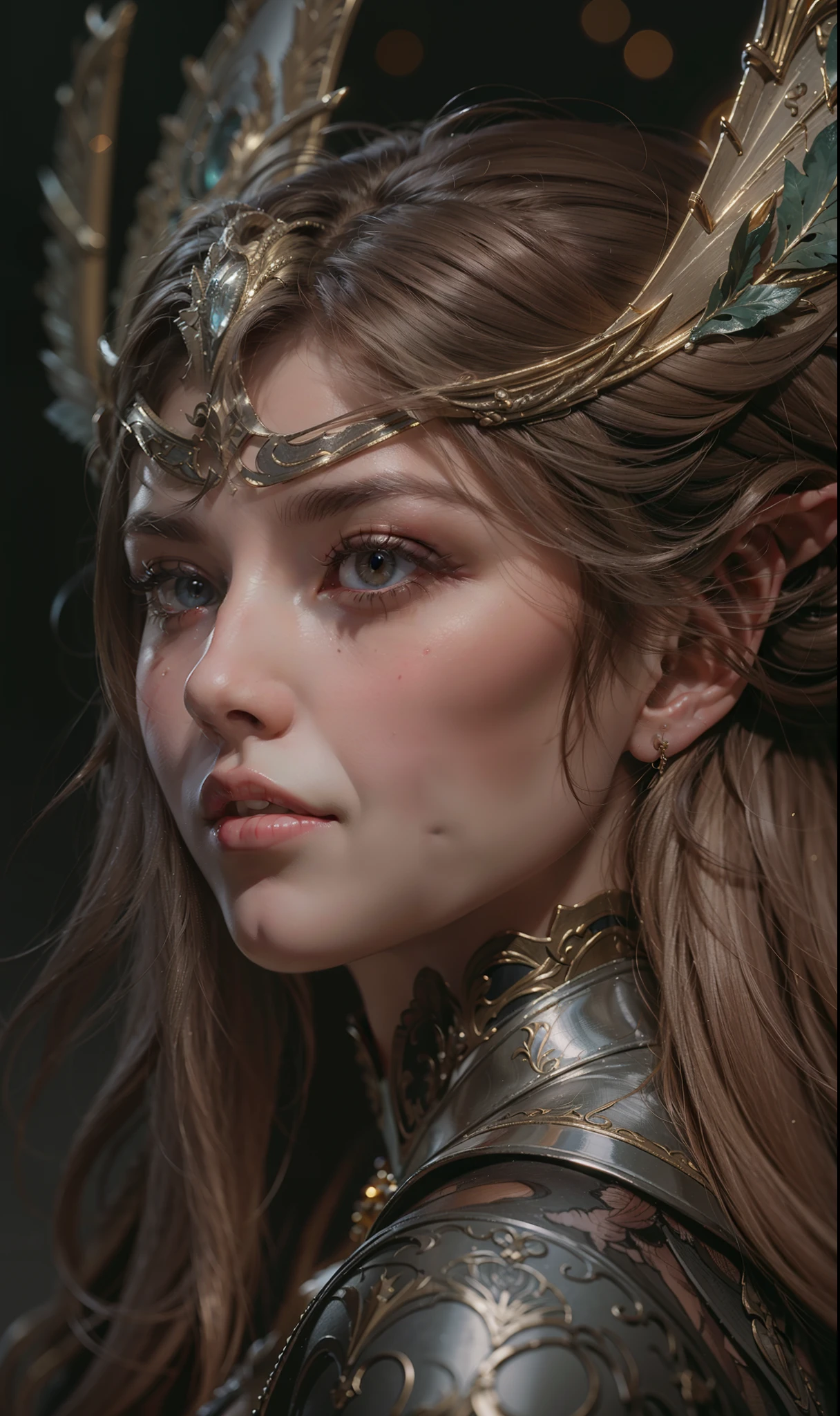 Beautiful painting of Michelle Pfeiffer as perfect female elf warrior, shapeless long hair, perfect features, (wearing extremely baroque elven armor), abstract beauty, near perfection, pure form, dynamic pose, ethereal background, (deep dark shadows), (strong cinematic lighting), (back lighting), concept art by Greg Rutkowski and John William Waterhouse and Alphonse Mucha, stunning details, intricate details, 8k post-production, High resolution, super details, trending on ArtStation, sharp focus, depth of field f/1.8, studio photos, (((looking at camera))).
