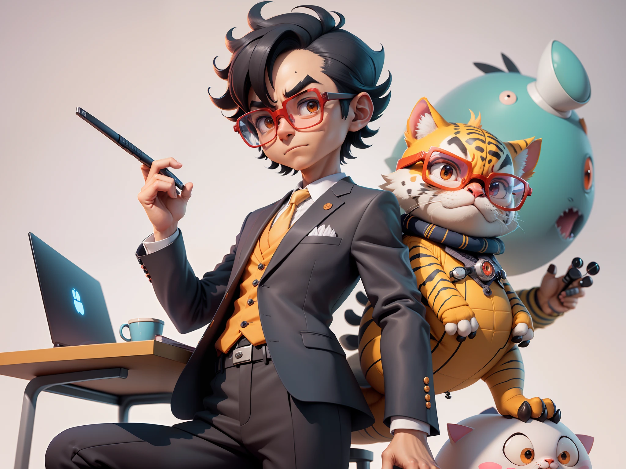 A young man in a suit, Short hair and glasses sat at his desk,holding laptop,digitial painting,tigre,3D character design by Mark Clairen and Pixar and Hayao Miyazaki and Akira Toriyama,4K HD illustration,Very detailed facial features and cartoon-style visuals。