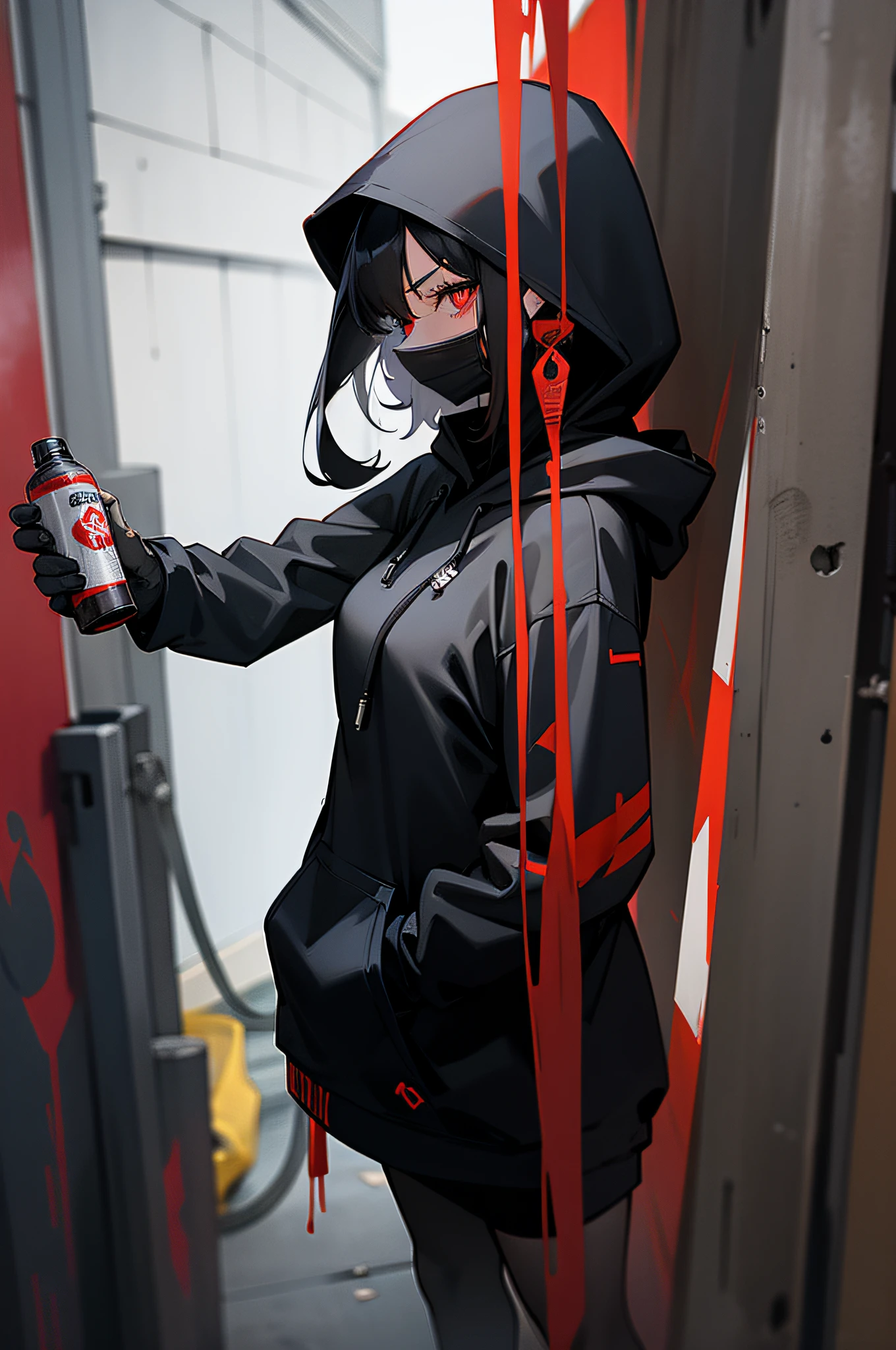 A female figure with black hair and red eyes in a black hoodie with the hood up, wearing a black facemask, holding a spray paint can, stands confidently in an alleyway as a large white worm looms overhead