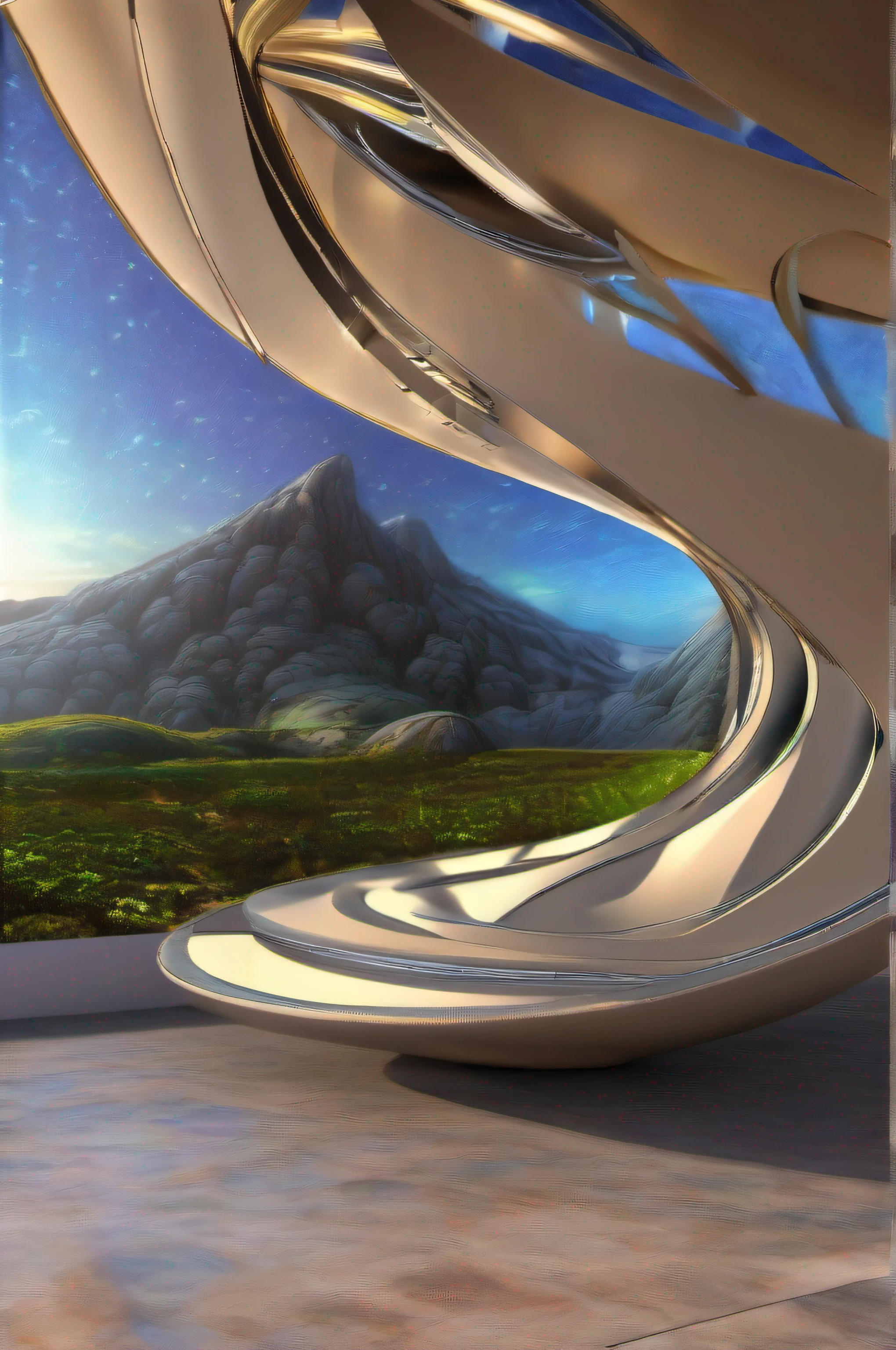 Nave espacial, alien, formas ovais, translucent metal, landing on a base of a planet in another galaxy, ambiente noturno, auroras, fractal, whisps, raios, Distant lands with alien vegetation, detalhes intrincados, Fictional art, arte de Clemilton Barbosa, premiado, obra prima, 16K