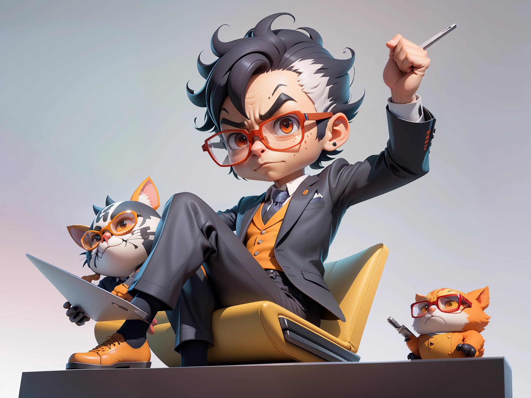 A young man in a suit, Short hair and glasses sat at his desk，holding laptop，digitial painting，tigre，3D character design by Mark Clairen and Pixar and Hayao Miyazaki and Akira Toriyama，4K HD illustration，Very detailed facial features and cartoon-style visuals。