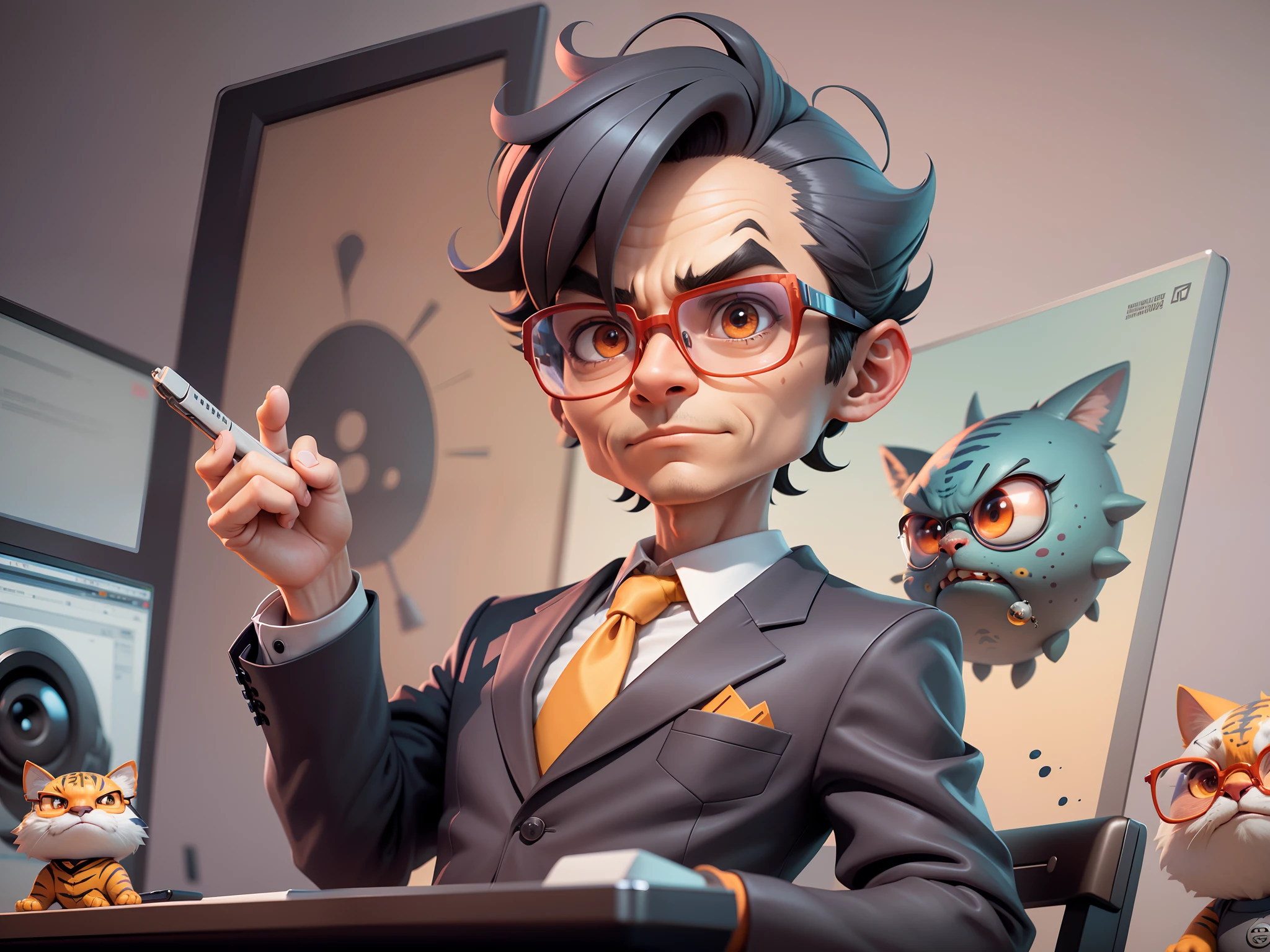 A young man in a suit, Short hair and glasses sat at his desk,holding laptop,digitial painting,tigre,3D character design by Mark Clairen and Pixar and Hayao Miyazaki and Akira Toriyama,4K HD illustration,Very detailed facial features and cartoon-style visuals。