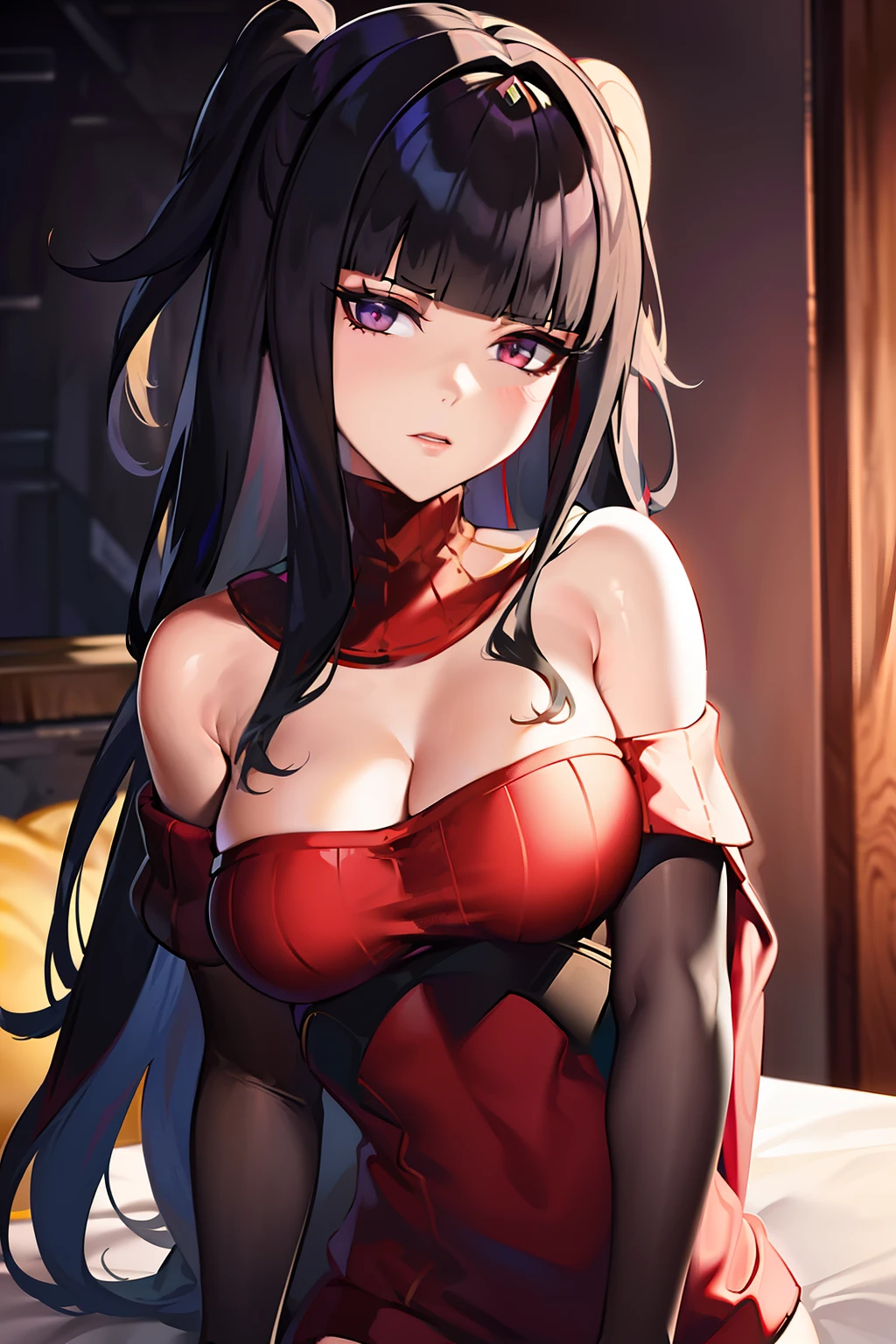 ((extreme detail)),(ultra-detailed), extremely detailed CG unity 8k wallpaper, tharja,  off shoulder, ((red sweater)), bare shoulders, single bare shoulder, looking at viewer,