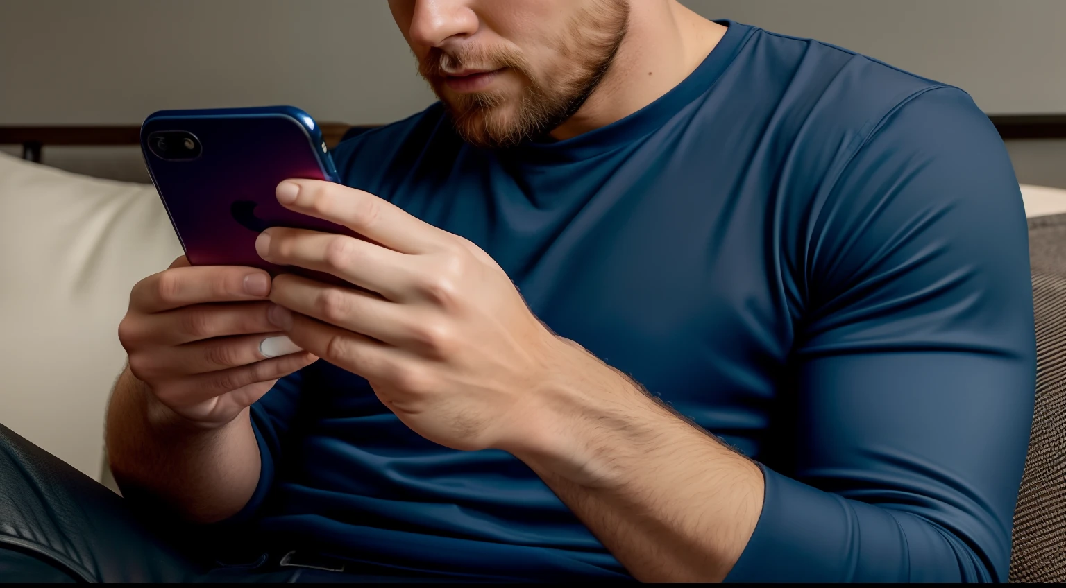 image of Luke looking at his phone with an expression of temptation